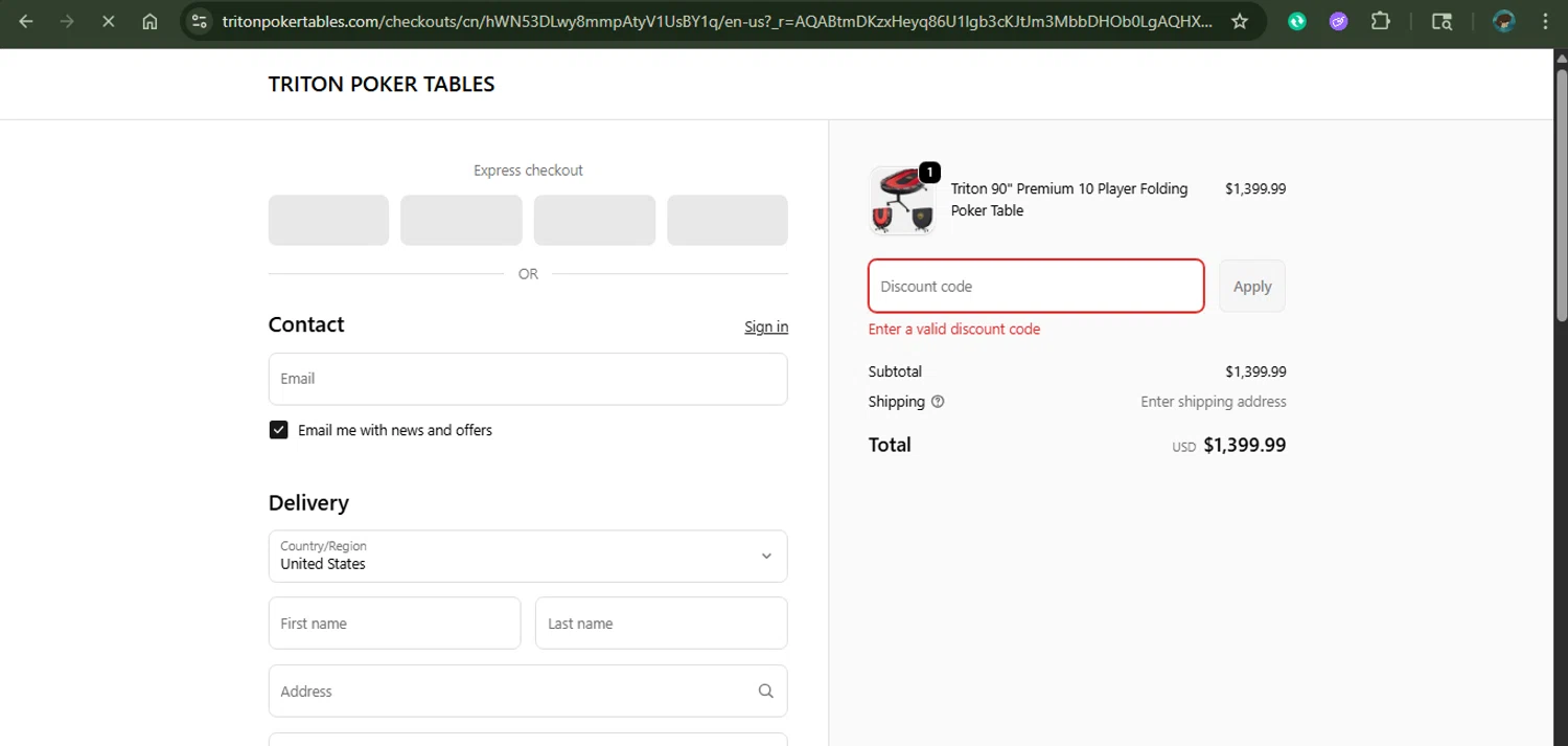 Triton Poker Tables promo code screenshot showing code CUT5 applied at Triton Poker Tables checkout page. Uploaded by SimplyCodes community member xAngel on Nov 8, 2025