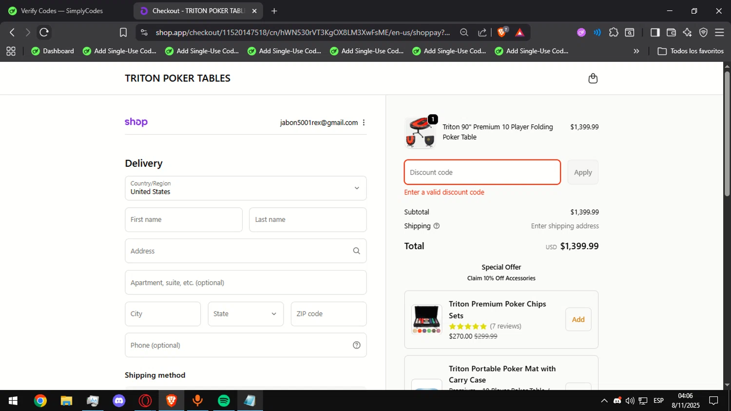 Triton Poker Tables promo code screenshot showing code THANKYOU20 applied at Triton Poker Tables checkout page. Uploaded by SimplyCodes community member Alegre on Nov 8, 2025