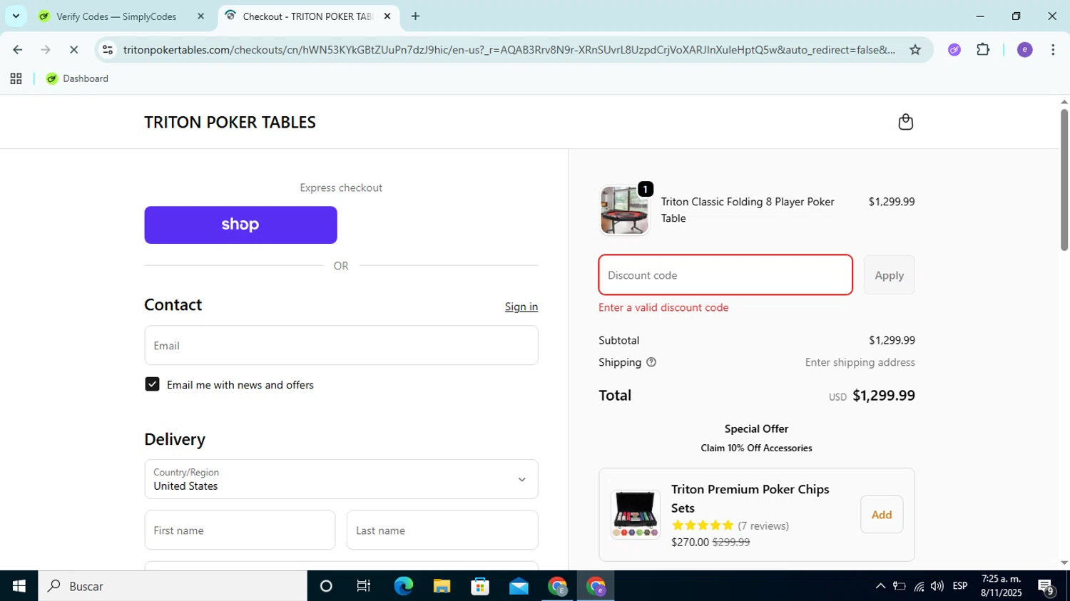 Triton Poker Tables promo code screenshot showing code THANKYOU20 applied at Triton Poker Tables checkout page. Uploaded by SimplyCodes community member Esteban14 on Nov 8, 2025