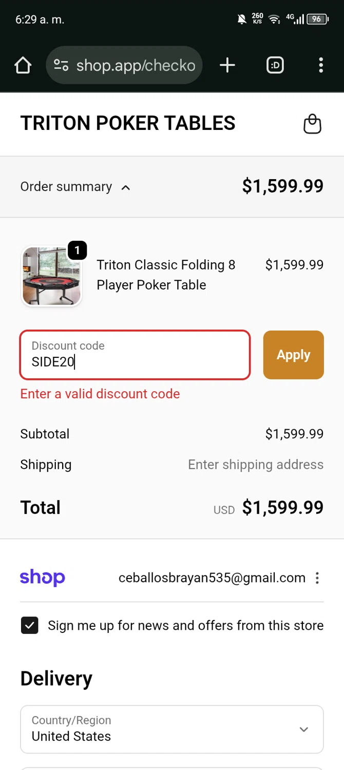 Triton Poker Tables promo code screenshot showing code SIDE20 applied at Triton Poker Tables checkout page. Uploaded by SimplyCodes community member Bernado on Sep 20, 2025