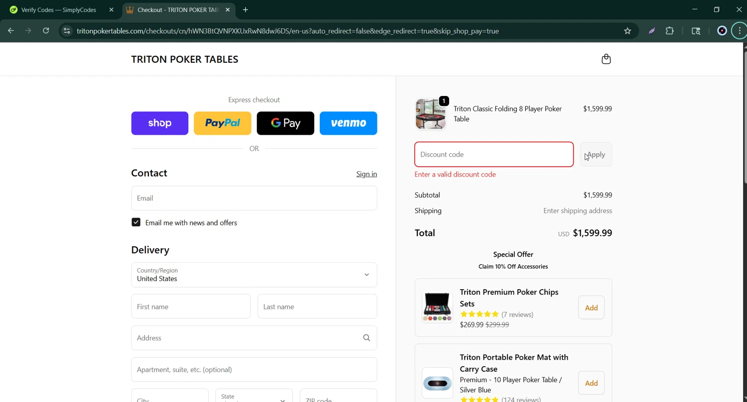 Triton Poker Tables promo code screenshot showing code SIDE20 applied at Triton Poker Tables checkout page. Uploaded by SimplyCodes community member Bernard_Lowe on Sep 20, 2025