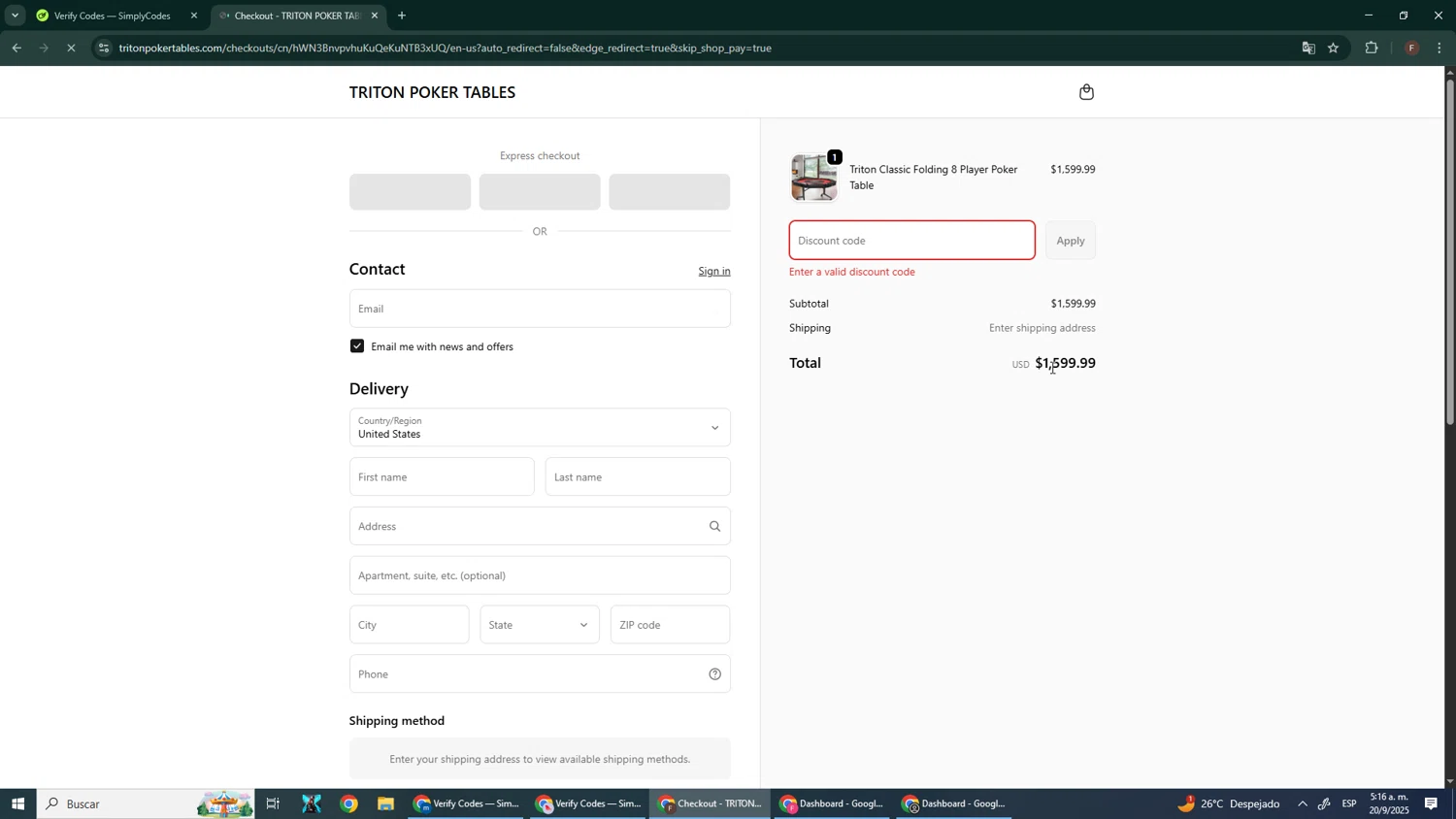 Triton Poker Tables promo code screenshot showing code SIDE20 applied at Triton Poker Tables checkout page. Uploaded by SimplyCodes community member Pirlo420 on Sep 20, 2025