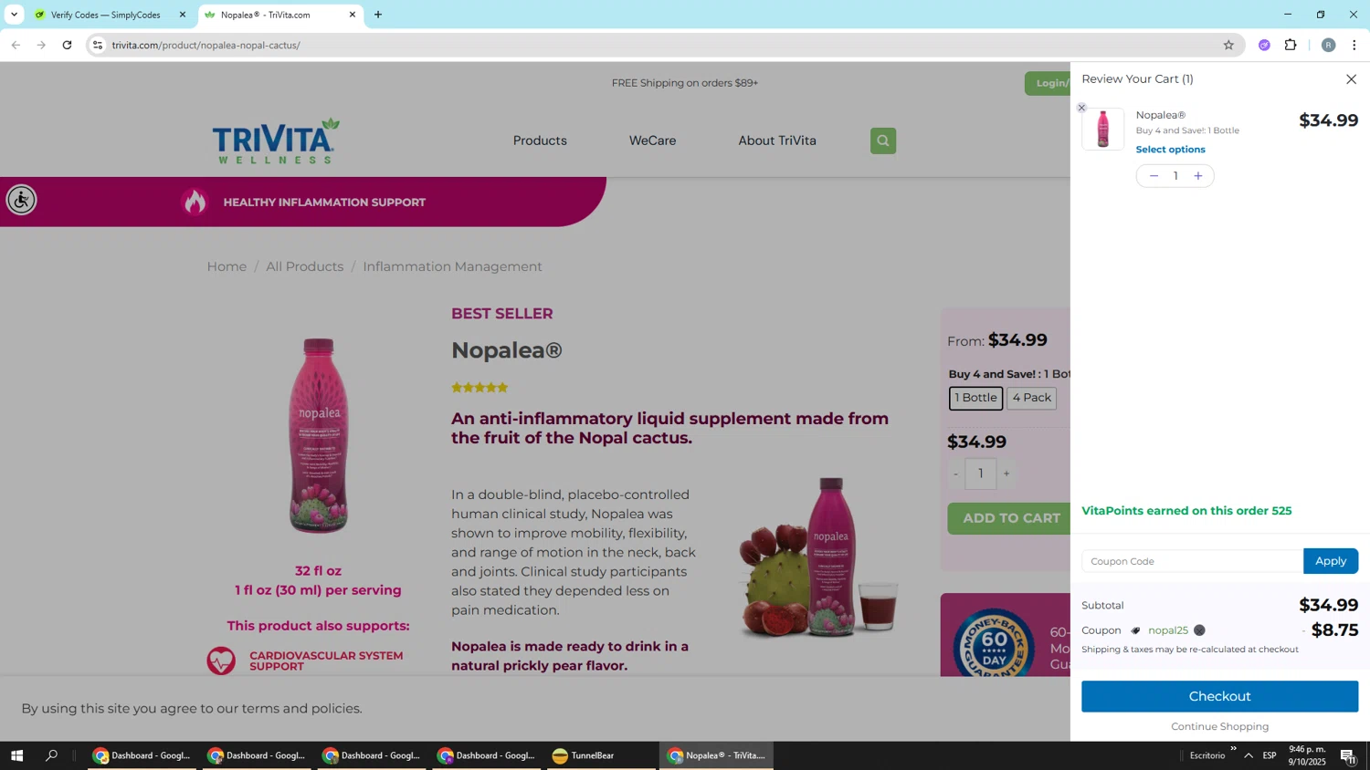 TriVita promo code screenshot showing code NOPAL25 applied at TriVita checkout page. Uploaded by SimplyCodes community member Piolin on Oct 10, 2025