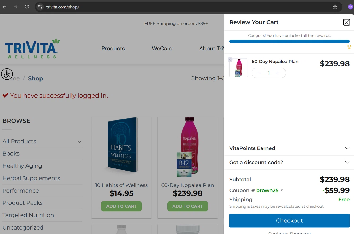 TriVita promo code screenshot showing code BROWN25 applied at TriVita checkout page. Uploaded by SimplyCodes community member ArizaJuan on May 17, 2025