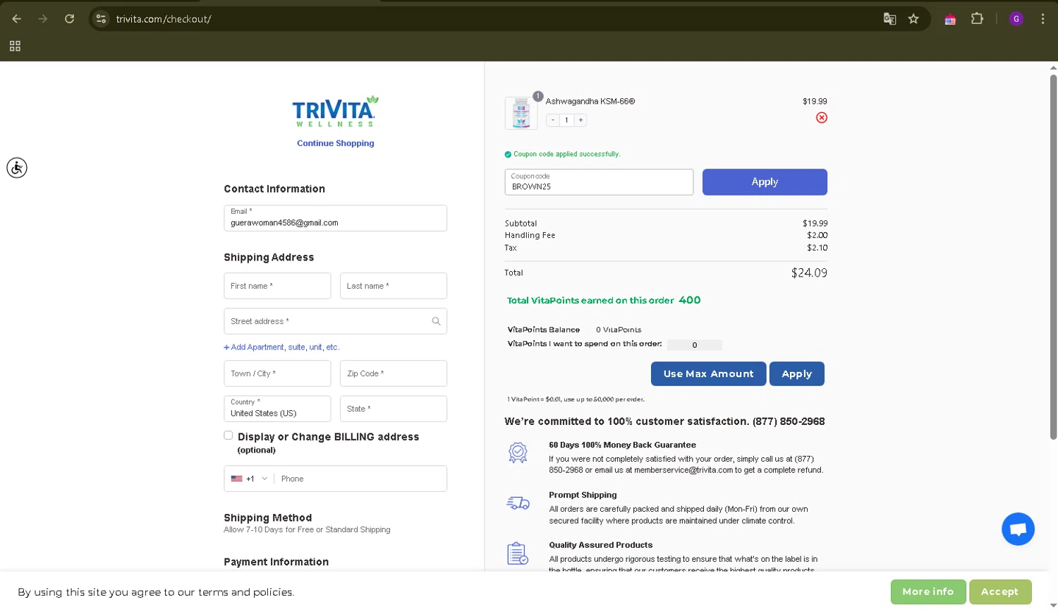 TriVita promo code screenshot showing code BROWN25 applied at TriVita checkout page. Uploaded by SimplyCodes community member WiseMaverick4603 on Apr 6, 2025