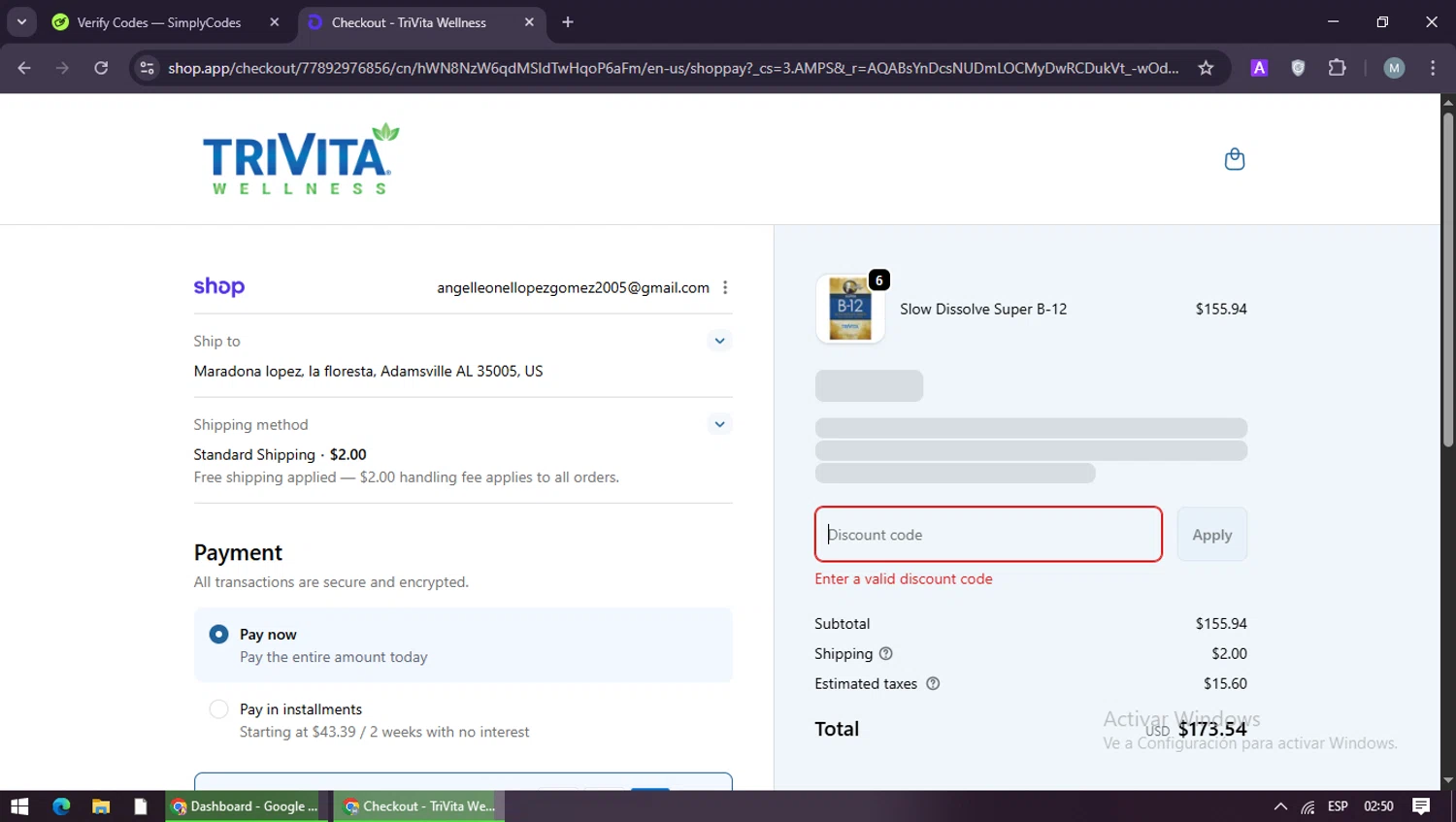 TriVita promo code screenshot showing code BROWN25 applied at TriVita checkout page. Uploaded by SimplyCodes community member maraxo on Feb 4, 2026