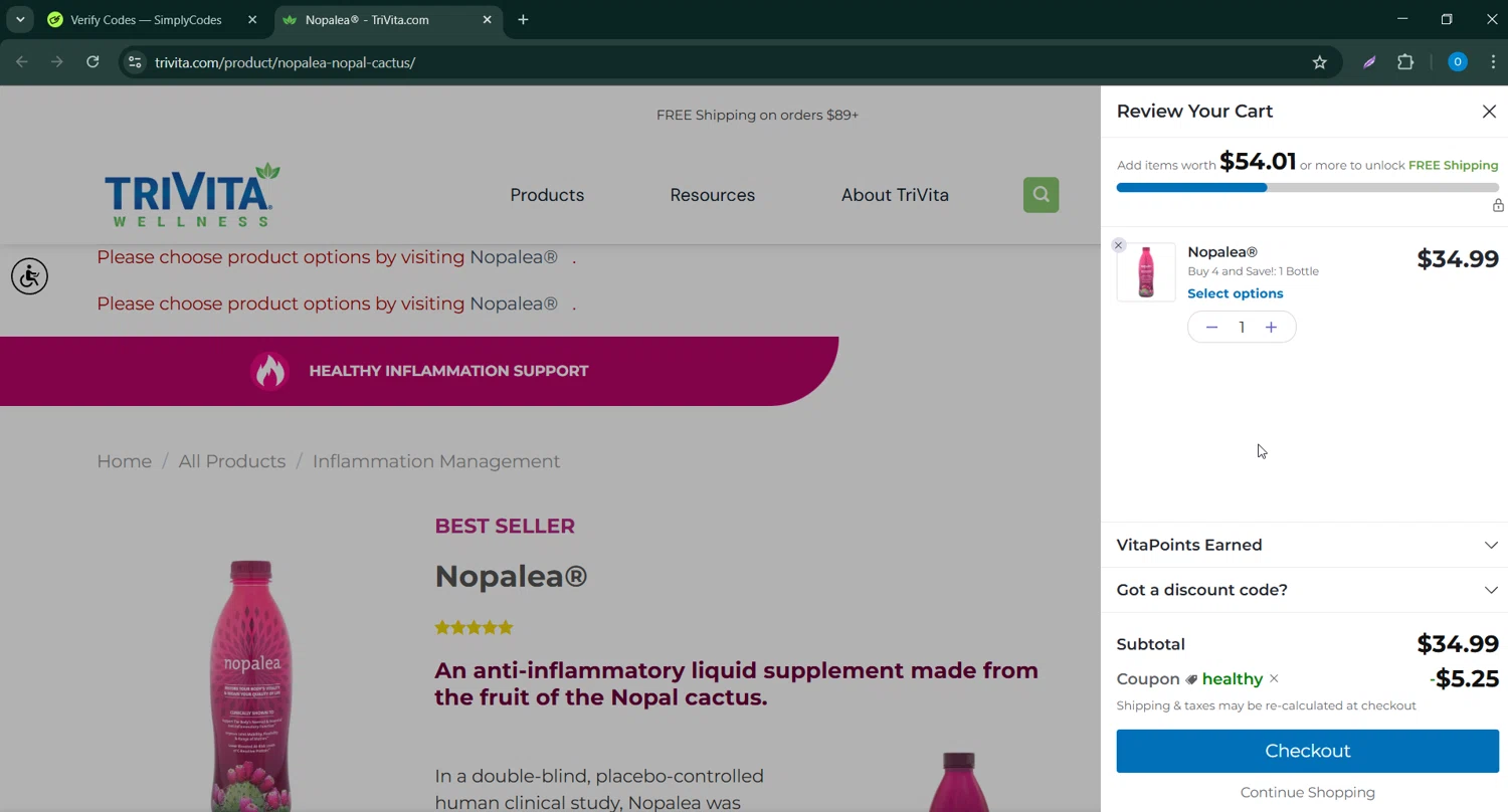 TriVita promo code screenshot showing code HEALTHY applied at TriVita checkout page. Uploaded by SimplyCodes community member CodeScholar4340 on Mar 28, 2025