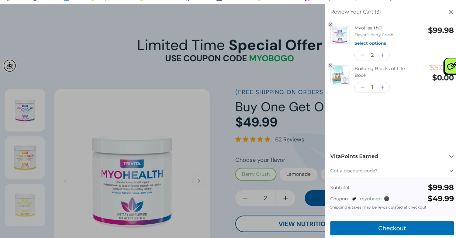 TriVita promo code screenshot showing code MYOBOGO applied at TriVita checkout page. Uploaded by SimplyCodes community member yeresojperez on Jun 16, 2025