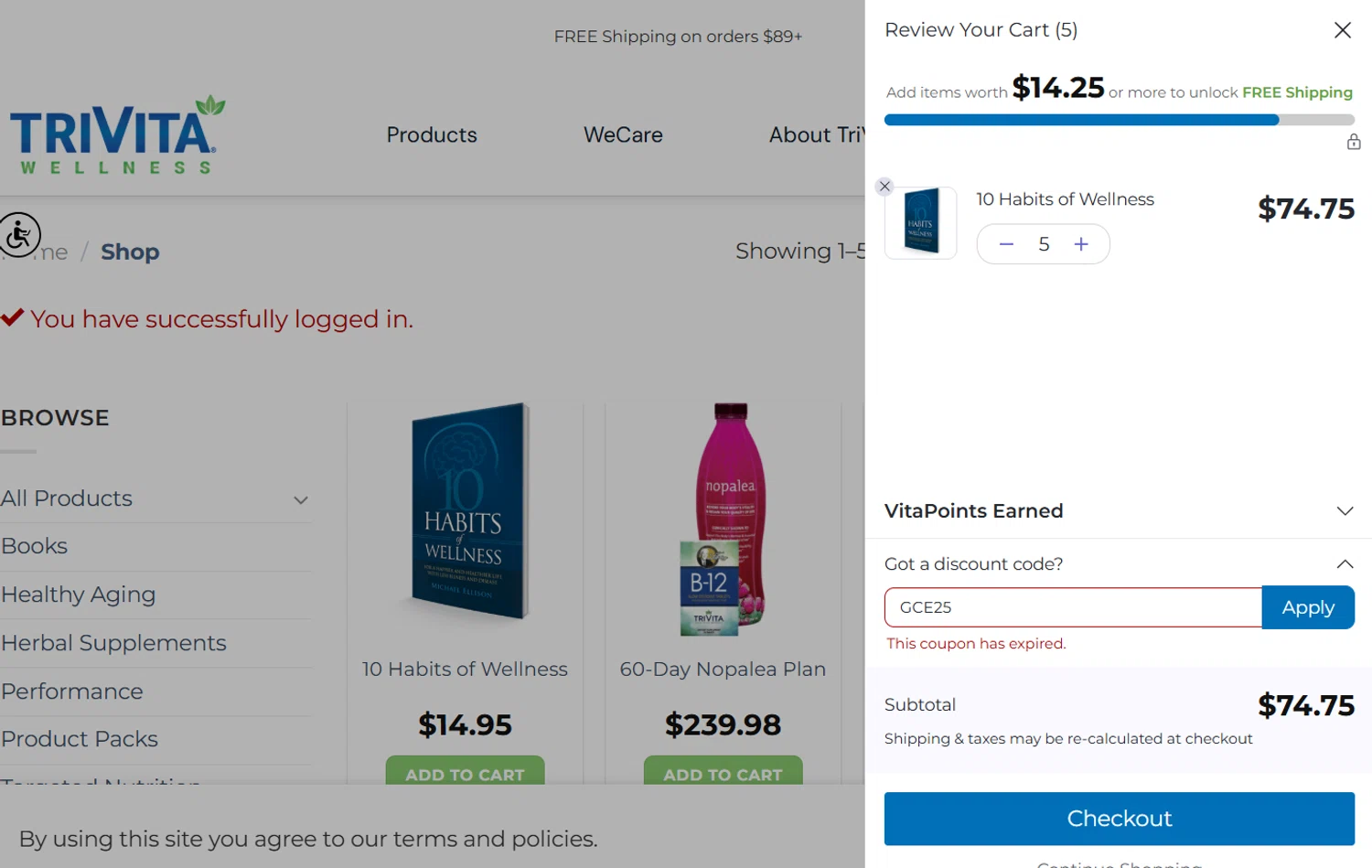 TriVita promo code screenshot showing code GCE25 applied at TriVita checkout page. Uploaded by SimplyCodes community member CoinWhiz6239 on Jun 15, 2025