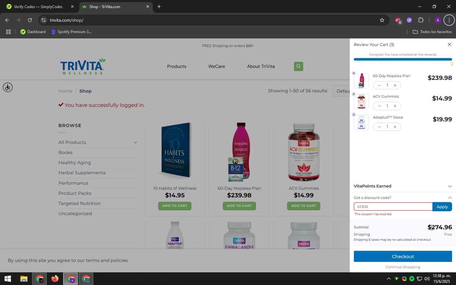 TriVita promo code screenshot showing code GCE25 applied at TriVita checkout page. Uploaded by SimplyCodes community member DeathBone on Jun 15, 2025