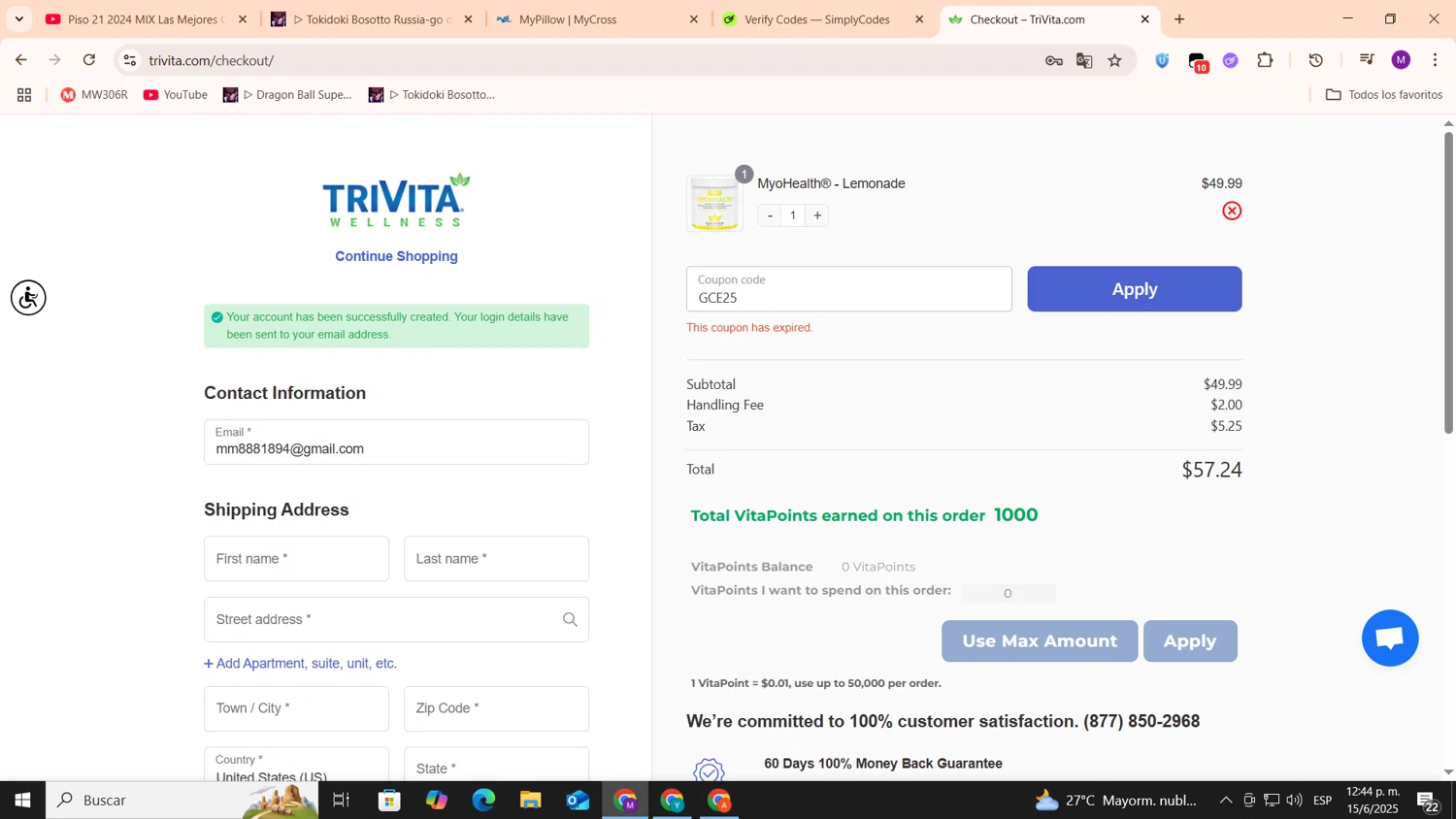 TriVita promo code screenshot showing code GCE25 applied at TriVita checkout page. Uploaded by SimplyCodes community member cod_gakpo on Jun 15, 2025