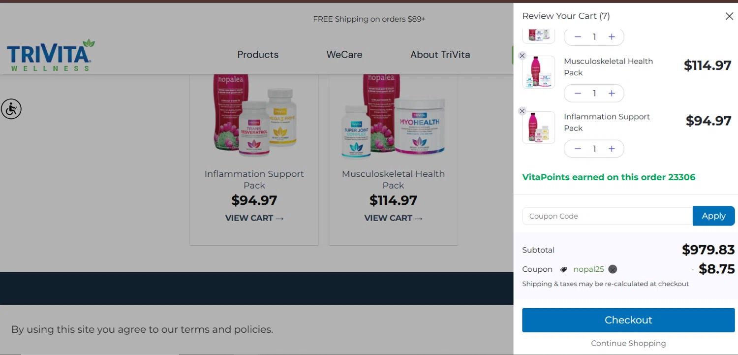 TriVita promo code screenshot showing code NOPAL25 applied at TriVita checkout page. Uploaded by SimplyCodes community member juanisaac on Oct 10, 2025
