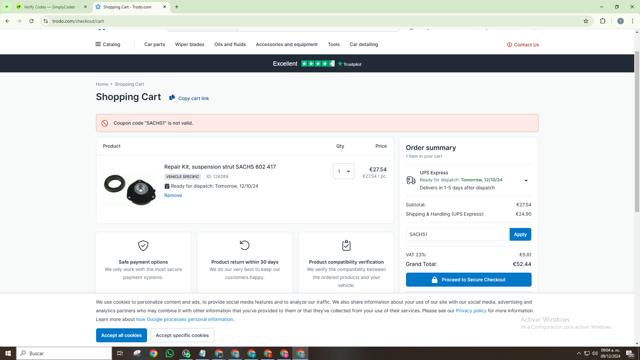 Trodo checkout page showing Trodo discount code box | Screenshot taken by SimplyCodes community member on Dec 9, 2024