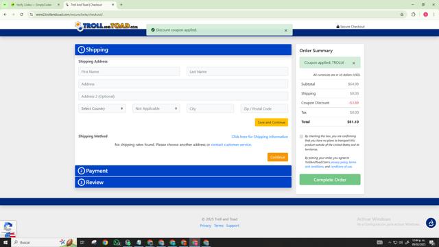 Troll and Toad checkout page showing Troll and Toad promo code box | Screenshot taken by SimplyCodes community member on Feb 9, 2025
