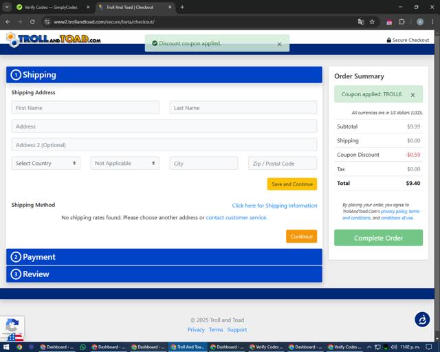 Troll and Toad checkout page showing Troll and Toad promo code box | Screenshot taken by SimplyCodes community member on Feb 2, 2025