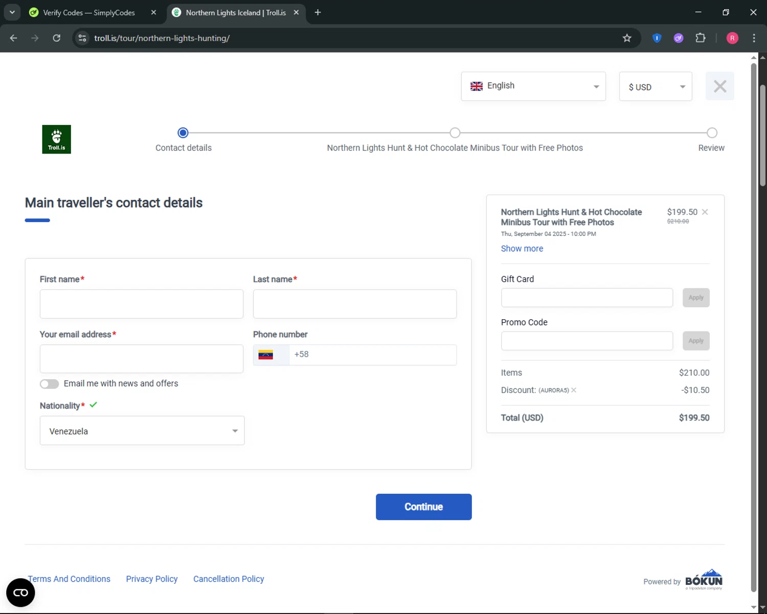 Troll Expeditions promo code screenshot showing code AURORA5 applied at Troll Expeditions checkout page. Uploaded by SimplyCodes community member ThriftyGuardian8485 on Sep 4, 2025