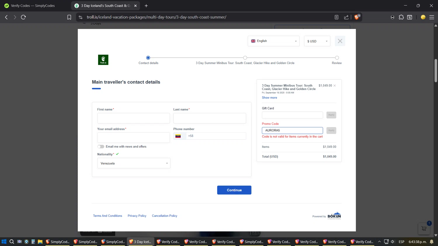 Troll Expeditions promo code screenshot showing code AURORA5 applied at Troll Expeditions checkout page. Uploaded by SimplyCodes community member ZoilaPerrita on Sep 4, 2025