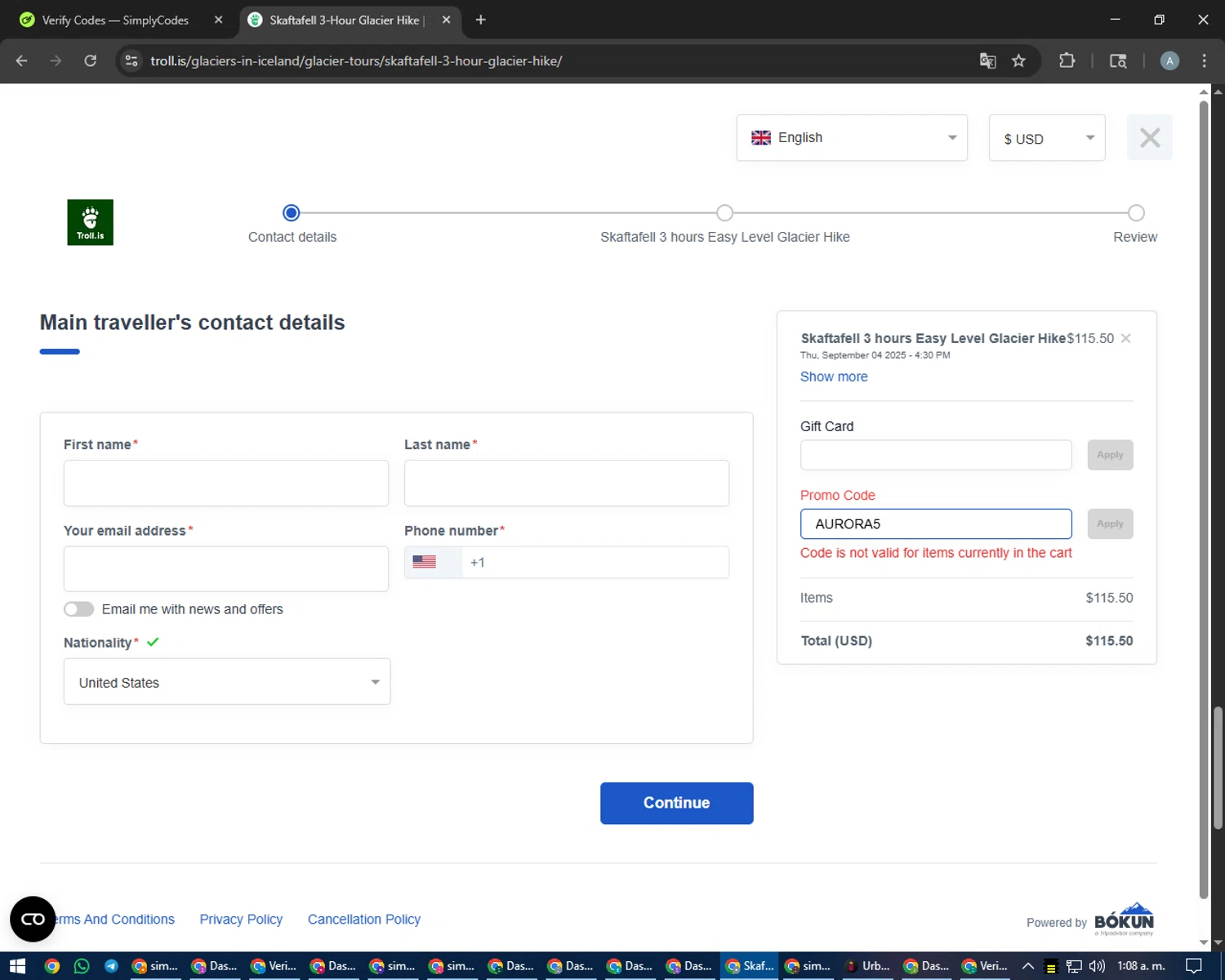 Troll Expeditions promo code screenshot showing code AURORA5 applied at Troll Expeditions checkout page. Uploaded by SimplyCodes community member trippieredd on Sep 4, 2025