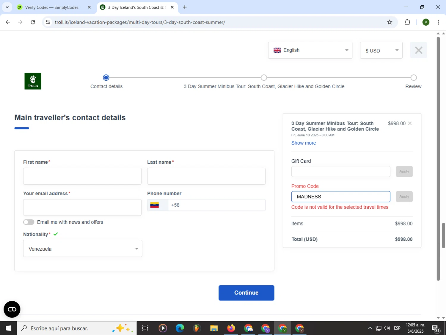 Troll Expeditions promo code screenshot showing code MADNESS applied at Troll Expeditions checkout page. Uploaded by SimplyCodes community member PrimeWizard4168 on Jun 5, 2025