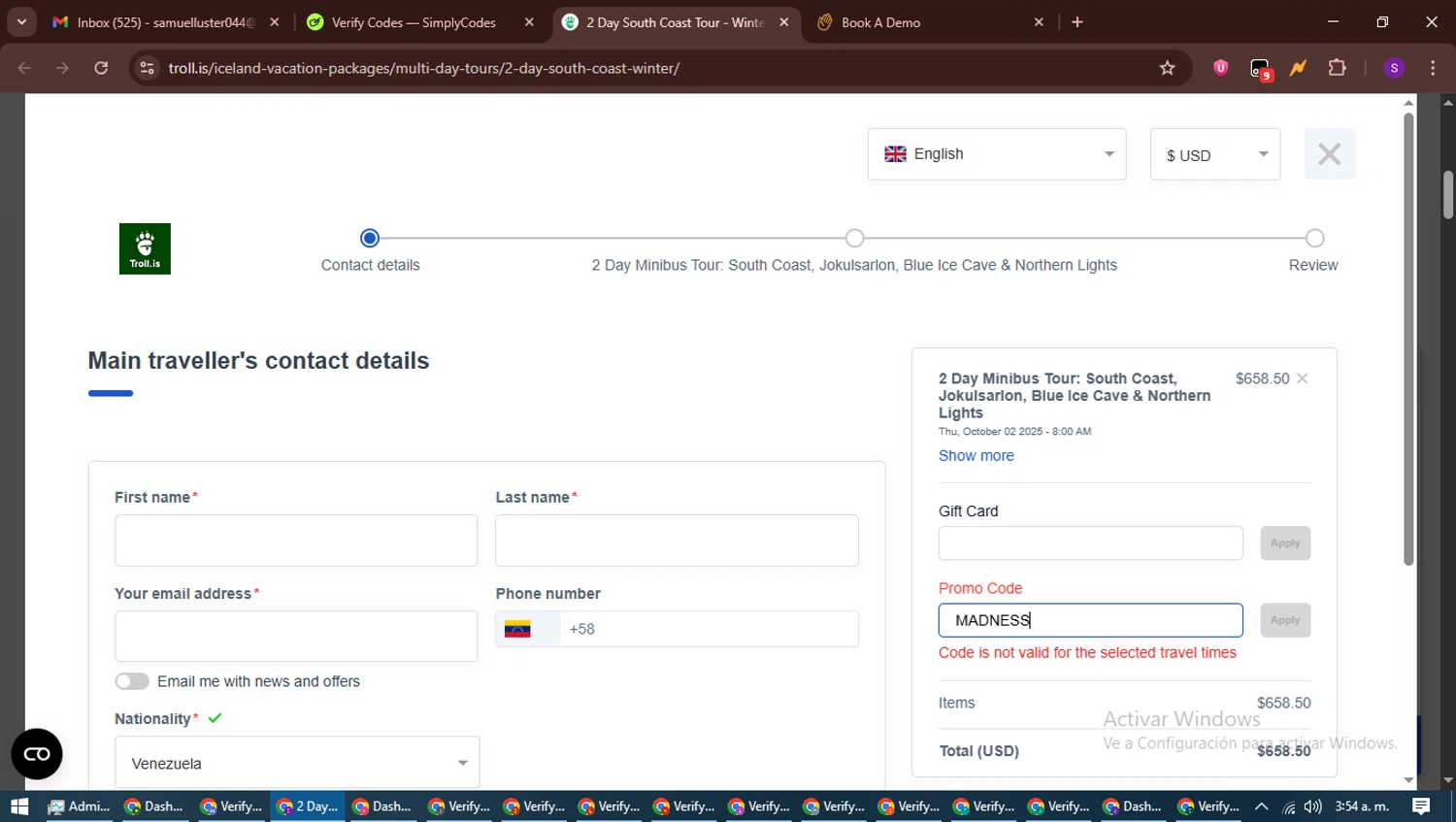 Troll Expeditions promo code screenshot showing code MADNESS applied at Troll Expeditions checkout page. Uploaded by SimplyCodes community member ShieldWarden7838 on Jun 5, 2025