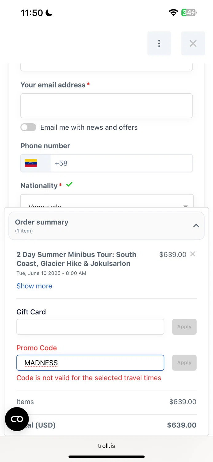 Troll Expeditions promo code screenshot showing code MADNESS applied at Troll Expeditions checkout page. Uploaded by SimplyCodes community member corotoo on Jun 5, 2025