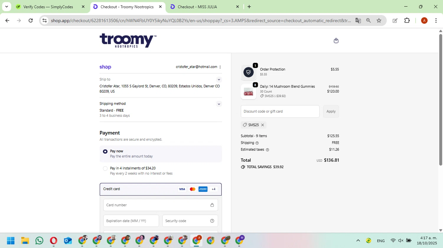 Troomy promo code screenshot showing code SMS25 applied at Troomy checkout page. Uploaded by SimplyCodes community member FundoKadmiel on Oct 18, 2025