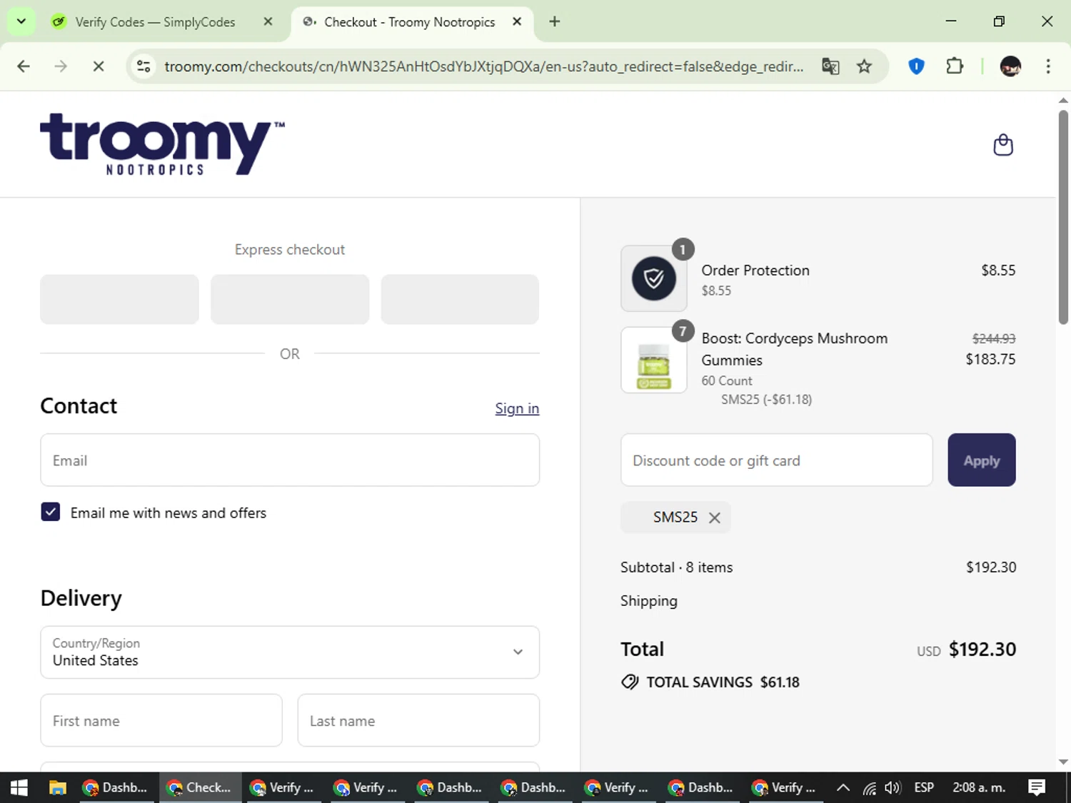 Troomy promo code screenshot showing code SMS25 applied at Troomy checkout page. Uploaded by SimplyCodes community member WonderCurator791 on Sep 16, 2025