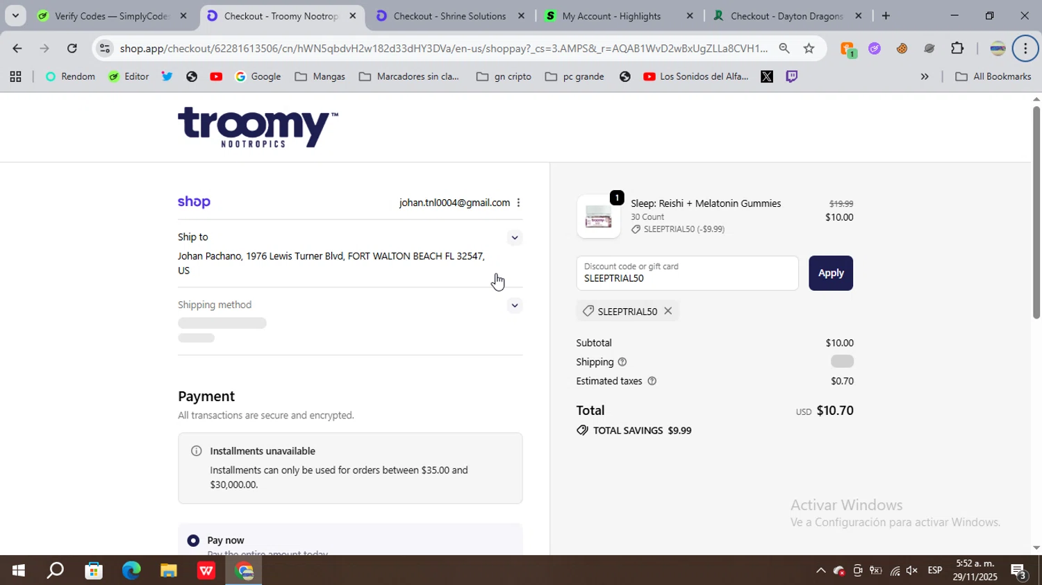 Troomy promo code screenshot showing code SLEEPTRIAL50 applied at Troomy checkout page. Uploaded by SimplyCodes community member FrugalSage5401 on Nov 29, 2025