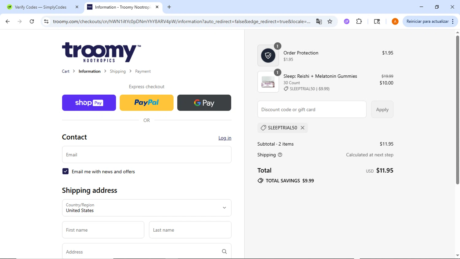 Troomy promo code screenshot showing code SLEEPTRIAL50 applied at Troomy checkout page. Uploaded by SimplyCodes community member ThriftyMaverick437 on Aug 12, 2025