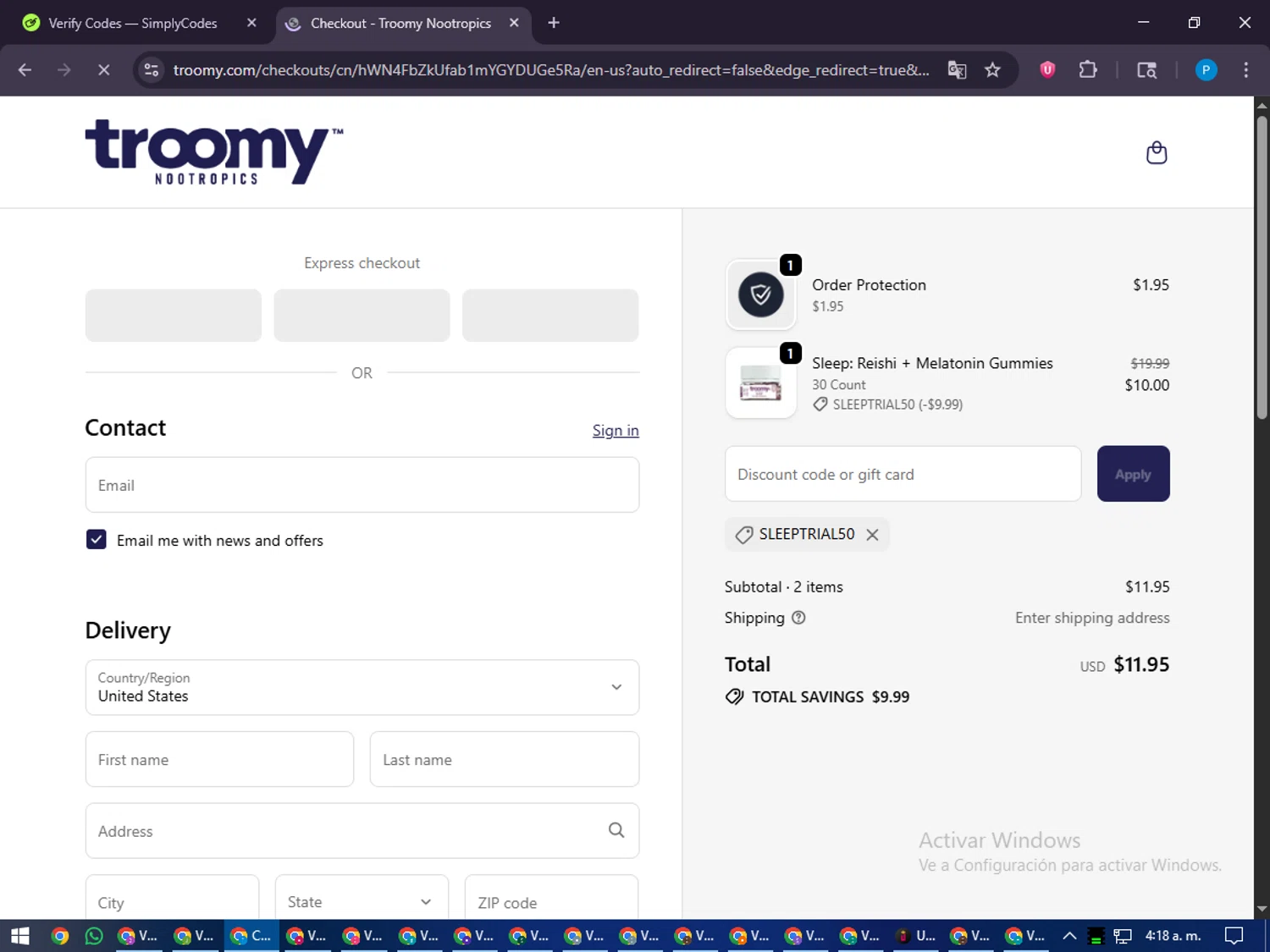 Troomy promo code screenshot showing code SLEEPTRIAL50 applied at Troomy checkout page. Uploaded by SimplyCodes community member juiceWRLD on Oct 18, 2025