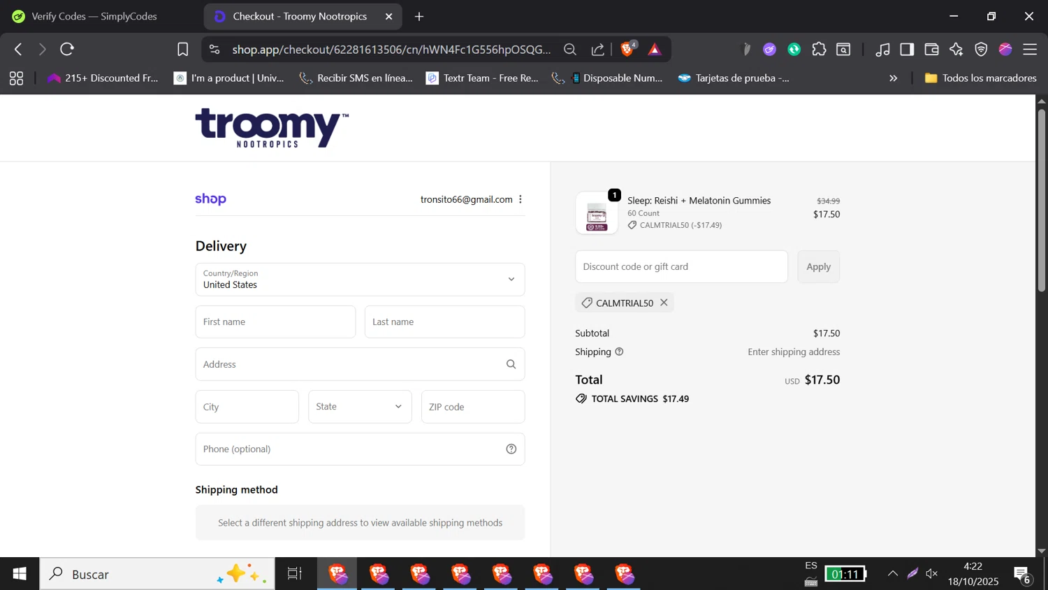 Troomy promo code screenshot showing code CALMTRIAL50 applied at Troomy checkout page. Uploaded by SimplyCodes community member DORIANGEL on Oct 18, 2025