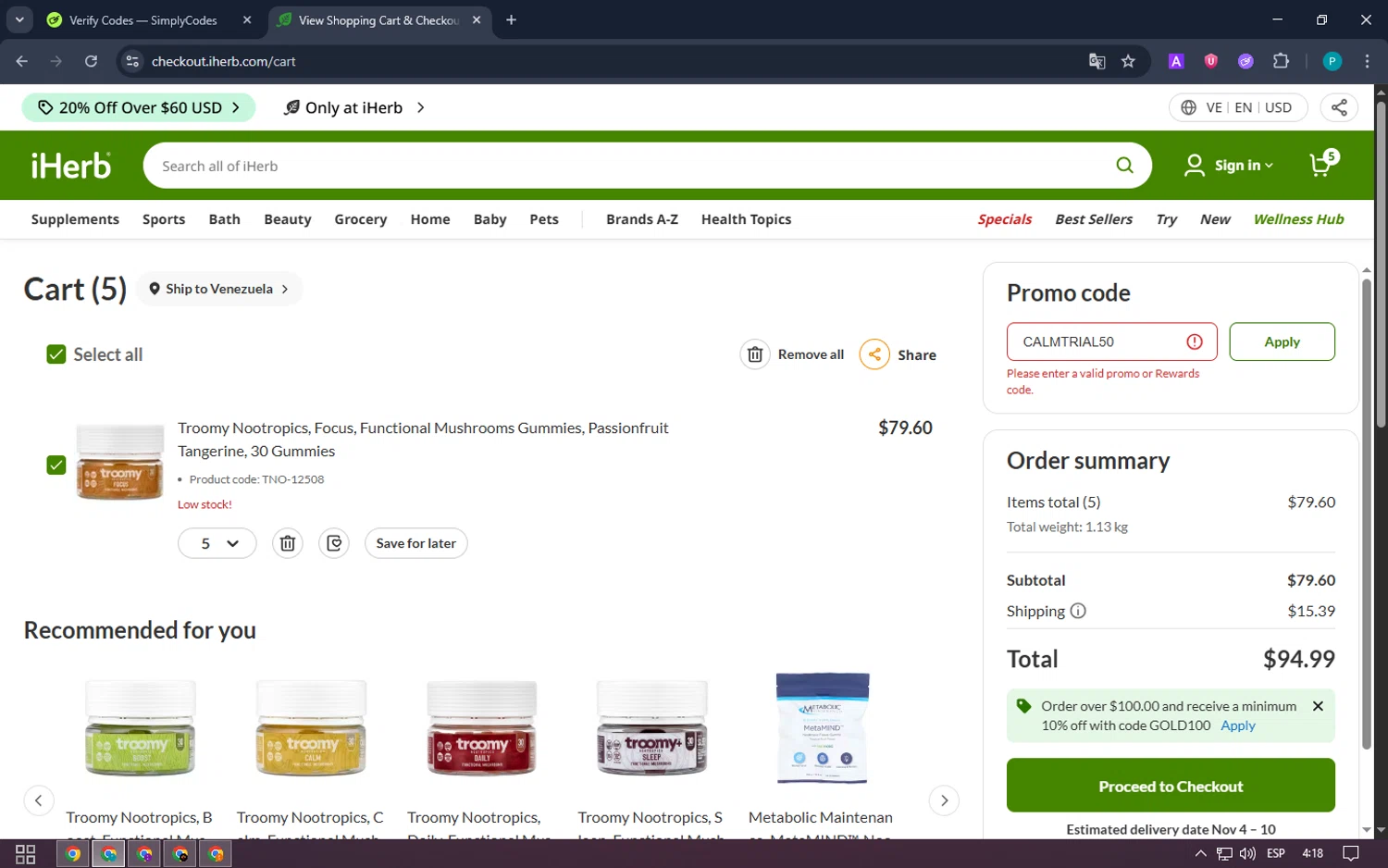 Troomy promo code screenshot showing code CALMTRIAL50 applied at Troomy checkout page. Uploaded by SimplyCodes community member WonderExpert4236 on Oct 18, 2025