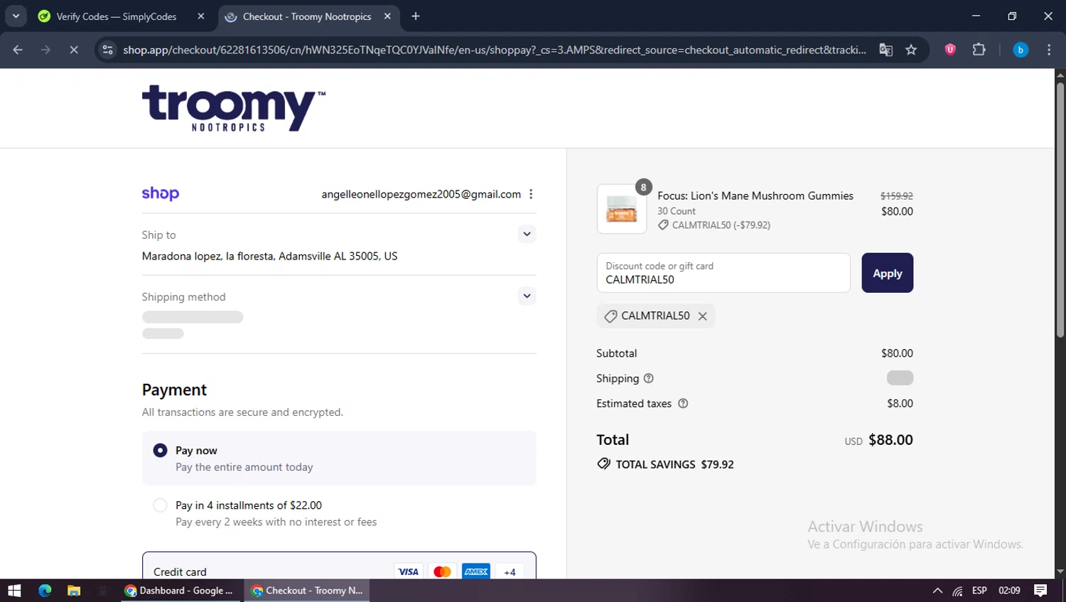 Troomy promo code screenshot showing code CALMTRIAL50 applied at Troomy checkout page. Uploaded by SimplyCodes community member bilijr on Sep 16, 2025