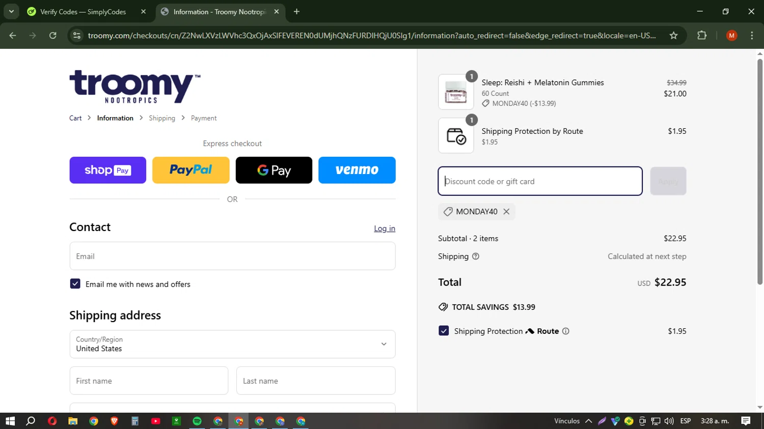 Troomy promo code screenshot showing code MONDAY40 applied at Troomy checkout page. Uploaded by SimplyCodes community member NobleSentinel6058 on Mar 28, 2025