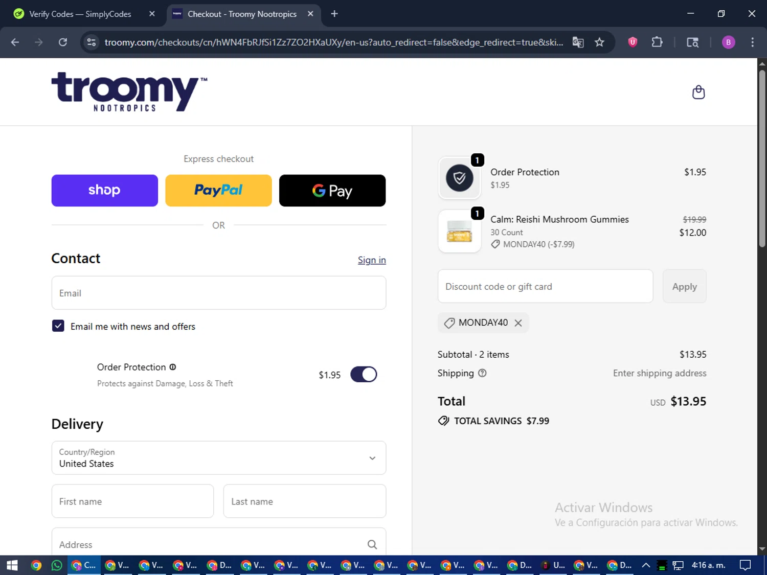 Troomy promo code screenshot showing code MONDAY40 applied at Troomy checkout page. Uploaded by SimplyCodes community member travisscott on Oct 18, 2025