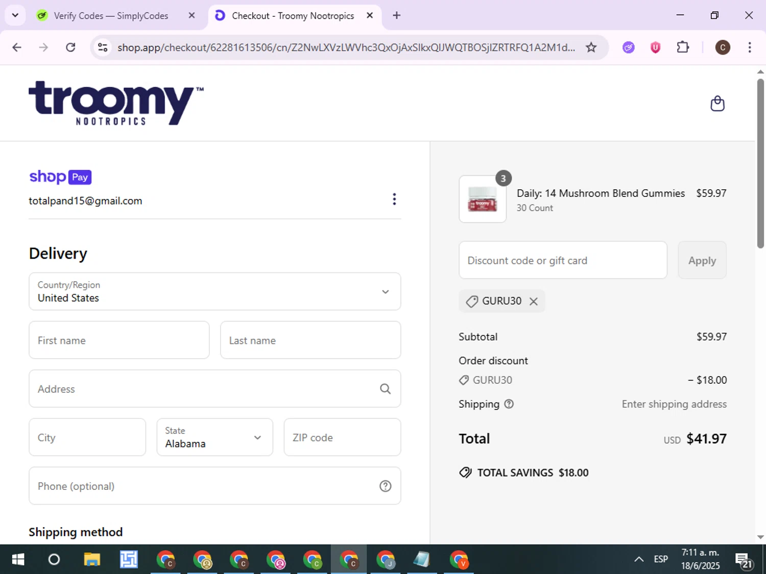 Troomy promo code screenshot showing code GURU30 applied at Troomy checkout page. Uploaded by SimplyCodes community member ExtraordinaryPro8536 on Jun 18, 2025