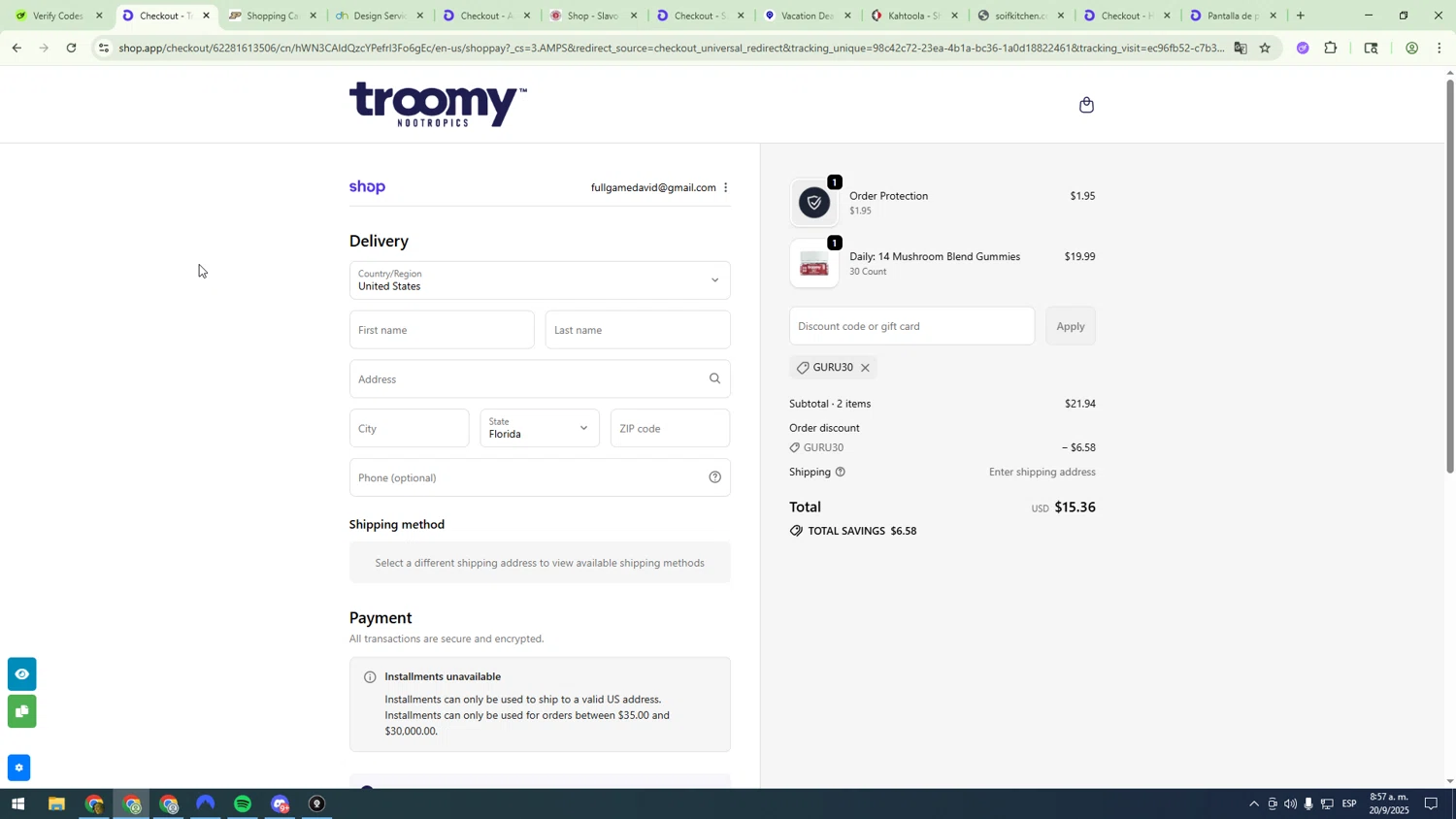 Troomy promo code screenshot showing code GURU30 applied at Troomy checkout page. Uploaded by SimplyCodes community member sfdfgdsfgdfgdfg on Sep 20, 2025