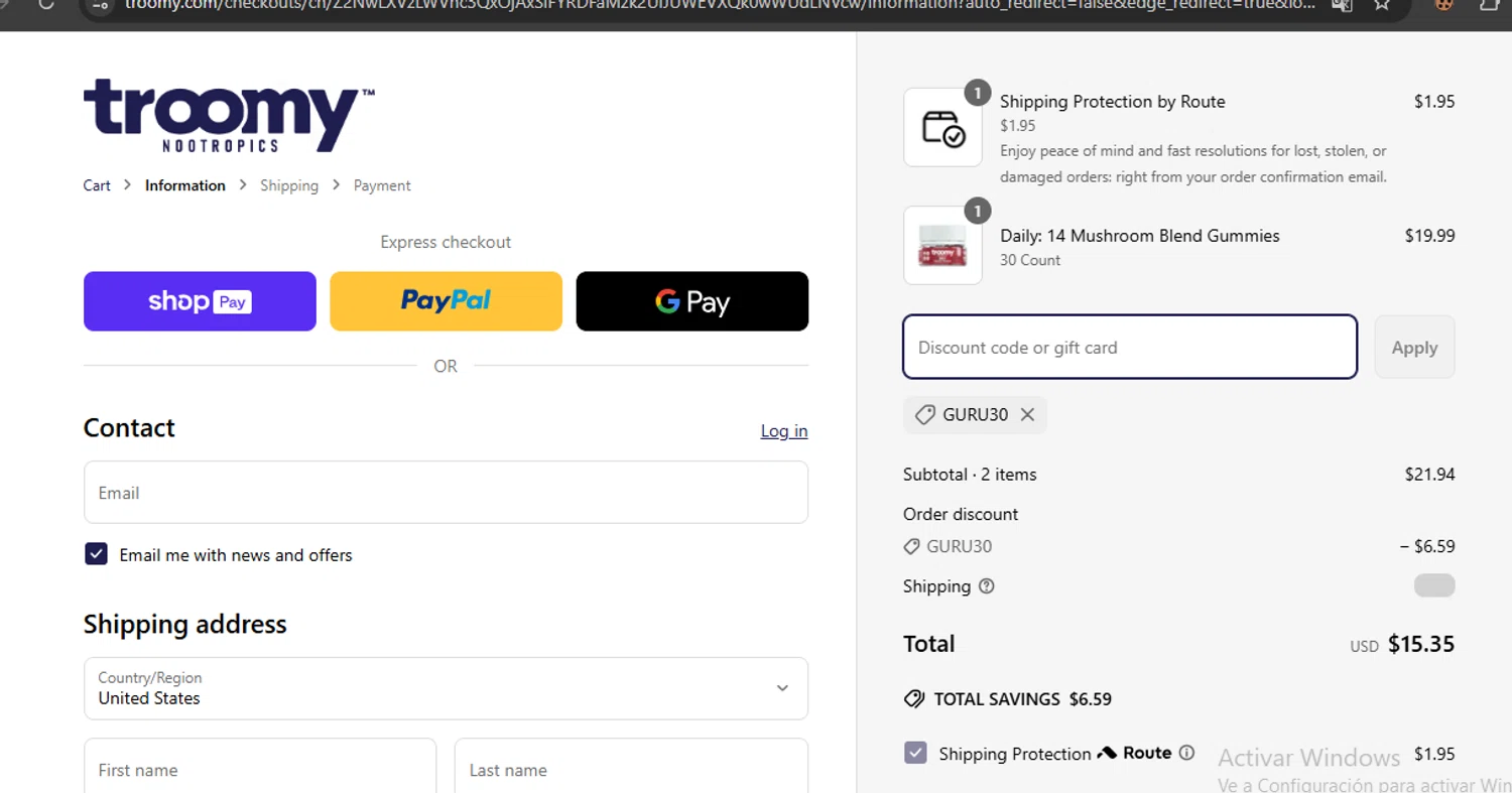 Troomy promo code screenshot showing code GURU30 applied at Troomy checkout page. Uploaded by SimplyCodes community member javierprez on Apr 3, 2025