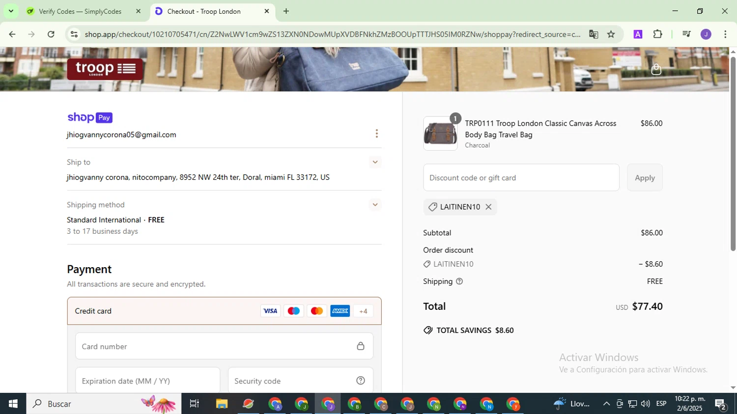 Troop London discount code screenshot showing code LAITINEN10 applied at Troop London checkout page. Uploaded by SimplyCodes community member PromoHunter9043 on Jun 3, 2025