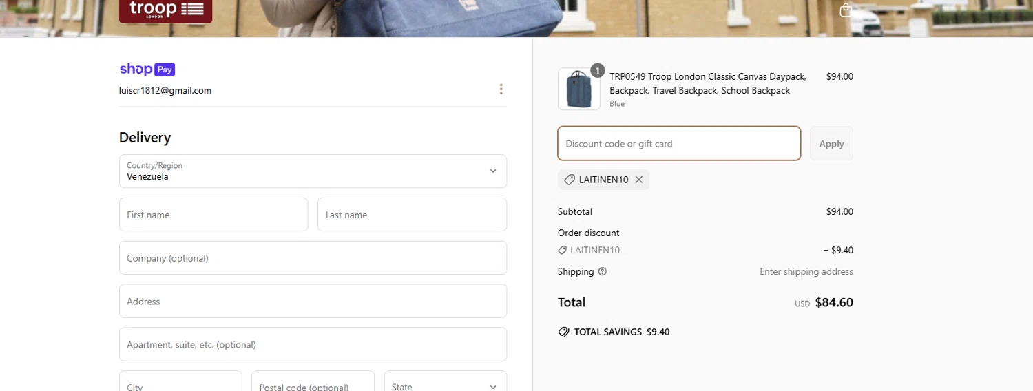Troop London discount code screenshot showing code LAITINEN10 applied at Troop London checkout page. Uploaded by SimplyCodes community member RoyalHunter7313 on Mar 20, 2025