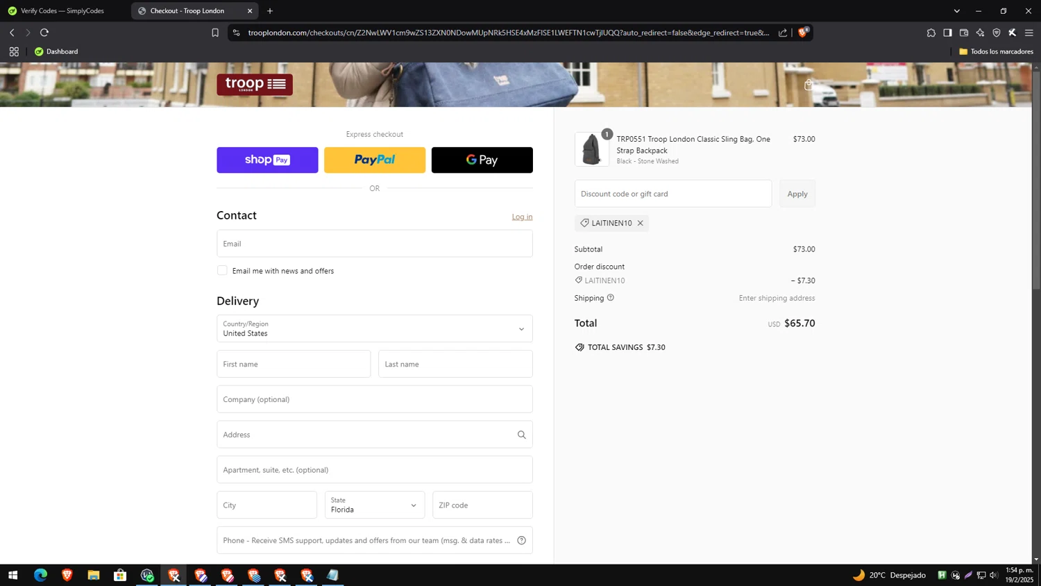Troop London discount code screenshot showing code LAITINEN10 applied at Troop London checkout page. Uploaded by SimplyCodes community member genesisgafaro on Feb 19, 2025