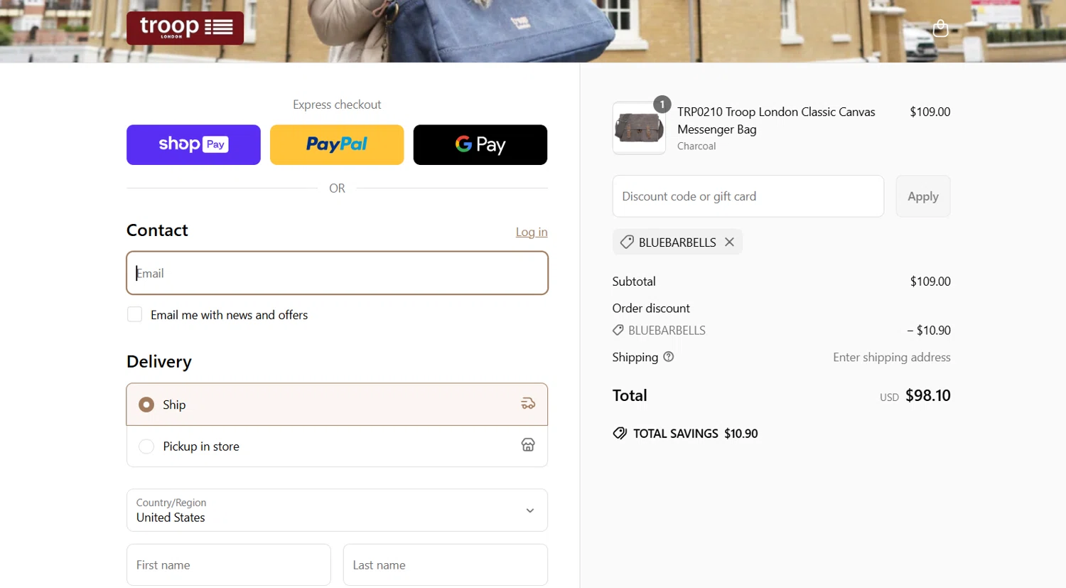 Troop London discount code screenshot showing code BLUEBARBELLS applied at Troop London checkout page. Uploaded by SimplyCodes community member jade5416625024720 on Jun 26, 2025