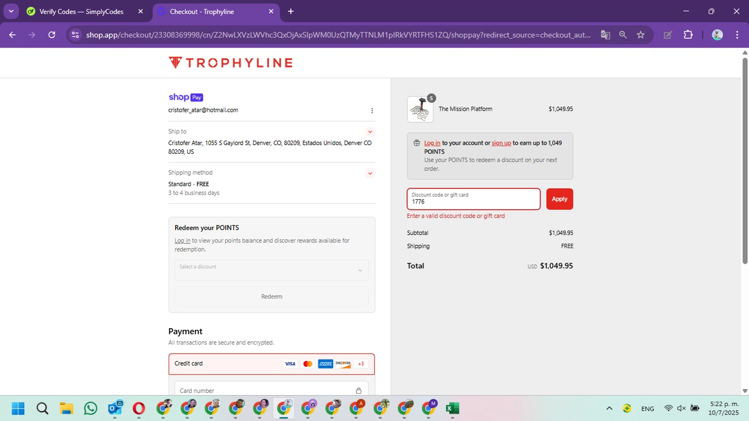 Trophyline discount code screenshot showing code 1776 applied at Trophyline checkout page. Uploaded by SimplyCodes community member Marielis on Jul 10, 2025