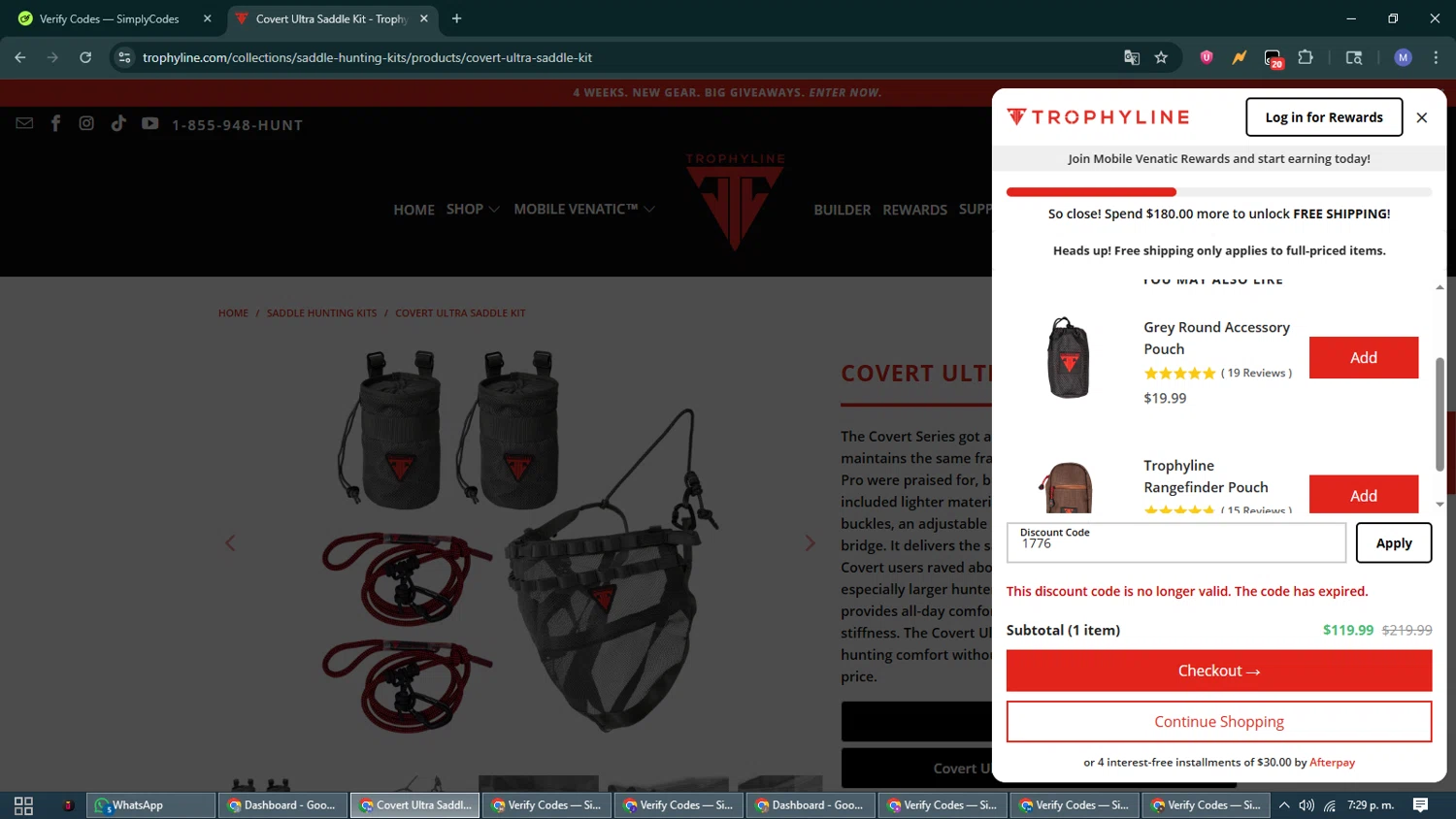 Trophyline discount code screenshot showing code 1776 applied at Trophyline checkout page. Uploaded by SimplyCodes community member VoucherCurator824 on Jul 10, 2025