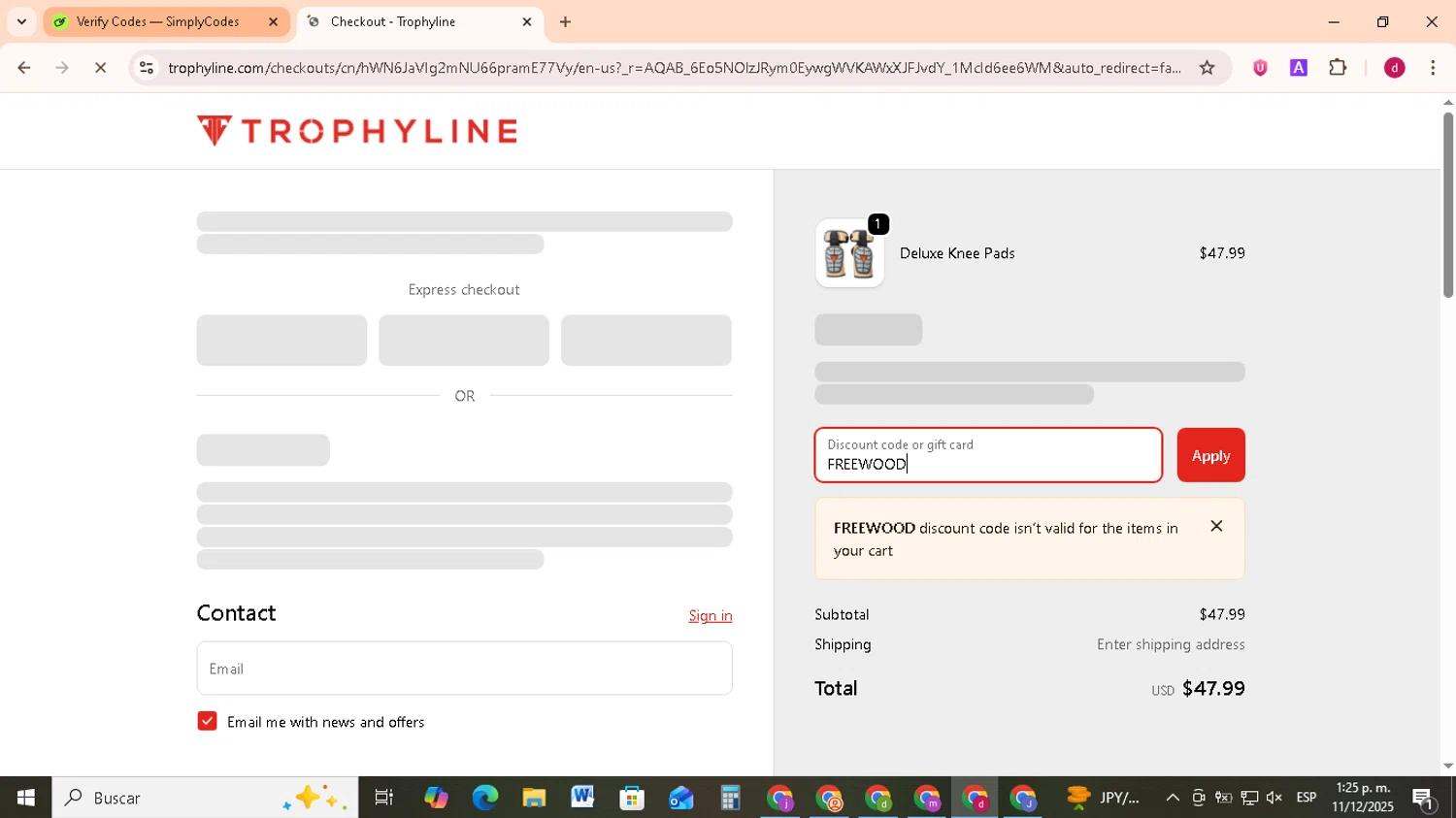 Trophyline discount code screenshot showing code FREEWOOD applied at Trophyline checkout page. Uploaded by SimplyCodes community member FrugalMonarch7277 on Dec 11, 2025