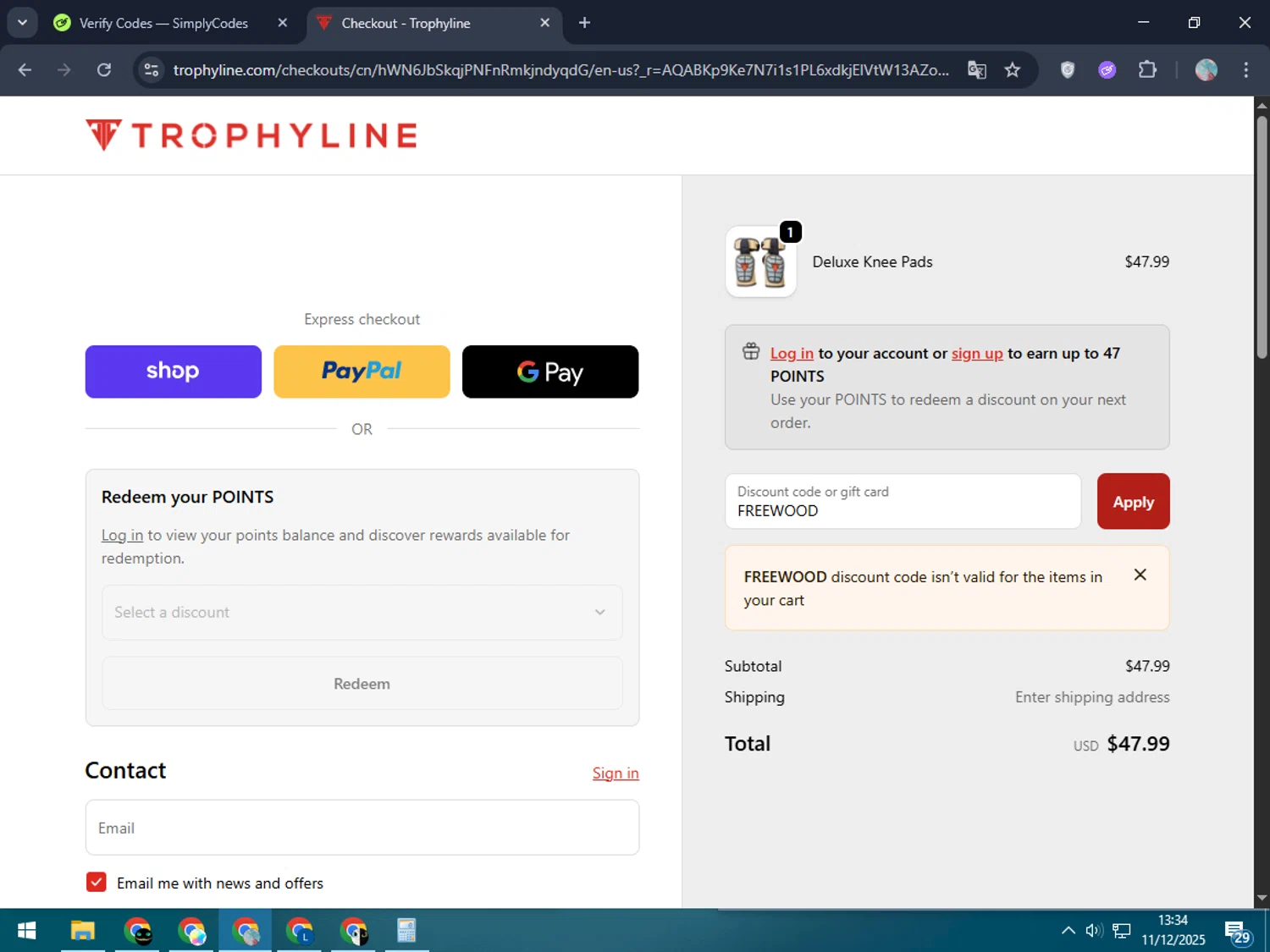 Trophyline discount code screenshot showing code FREEWOOD applied at Trophyline checkout page. Uploaded by SimplyCodes community member LegendaryPro7106 on Dec 11, 2025