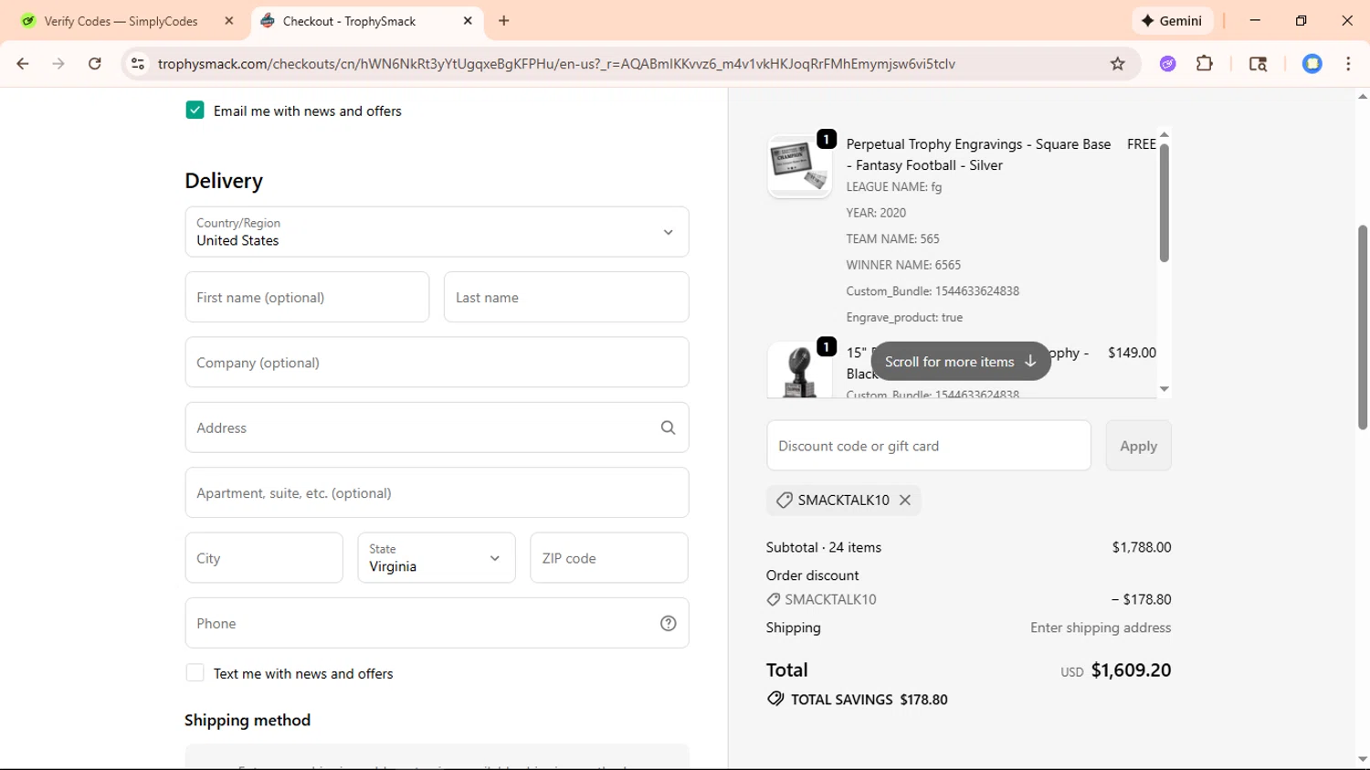 TrophySmack discount code screenshot showing code smacktalk10 applied at TrophySmack checkout page. Uploaded by SimplyCodes community member davidguardia on Dec 13, 2025
