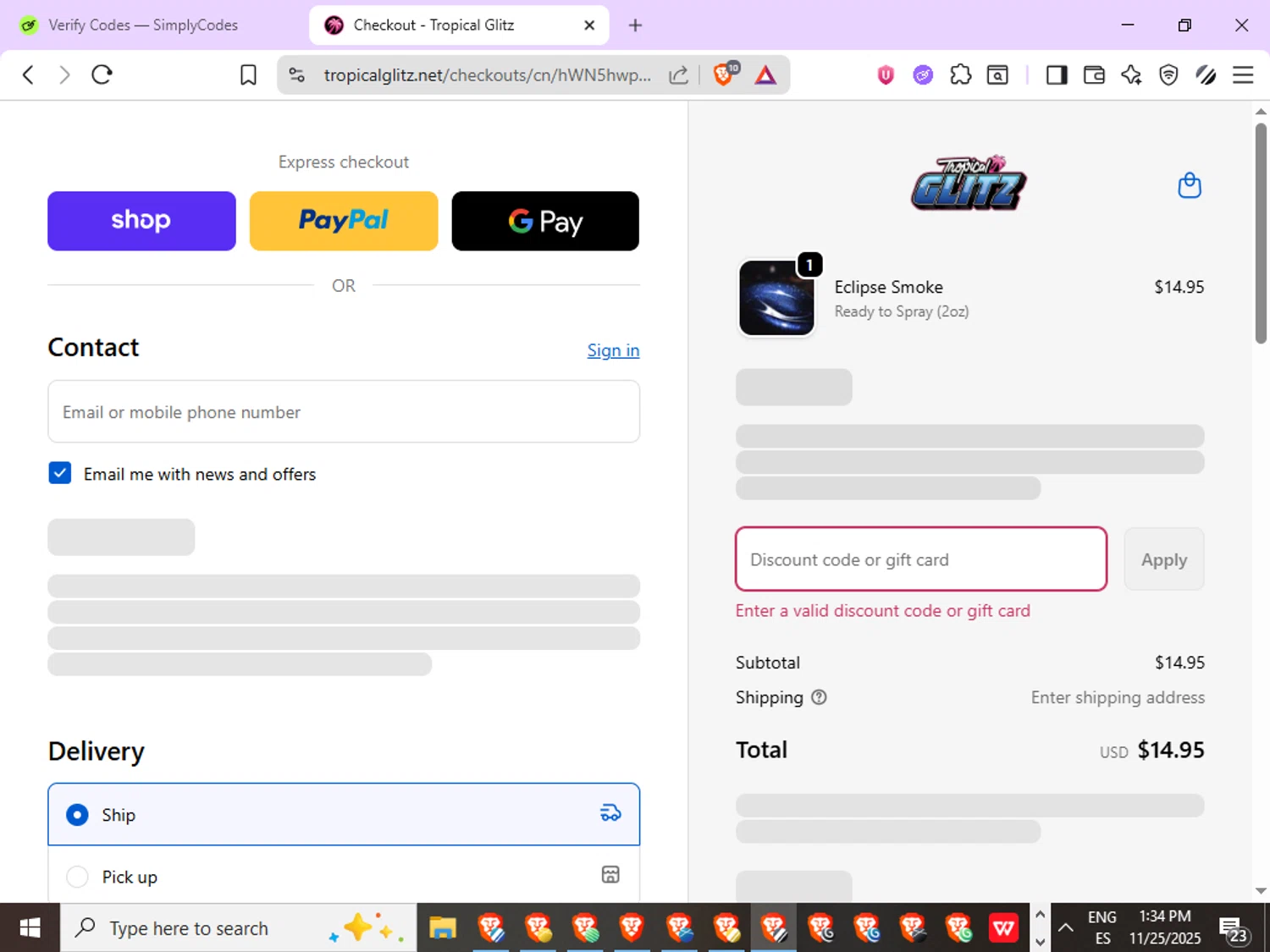 Tropical Glitz discount code screenshot showing code GLITZ10 applied at Tropical Glitz checkout page. Uploaded by SimplyCodes community member ExtraordinaryGenius9135 on Nov 25, 2025