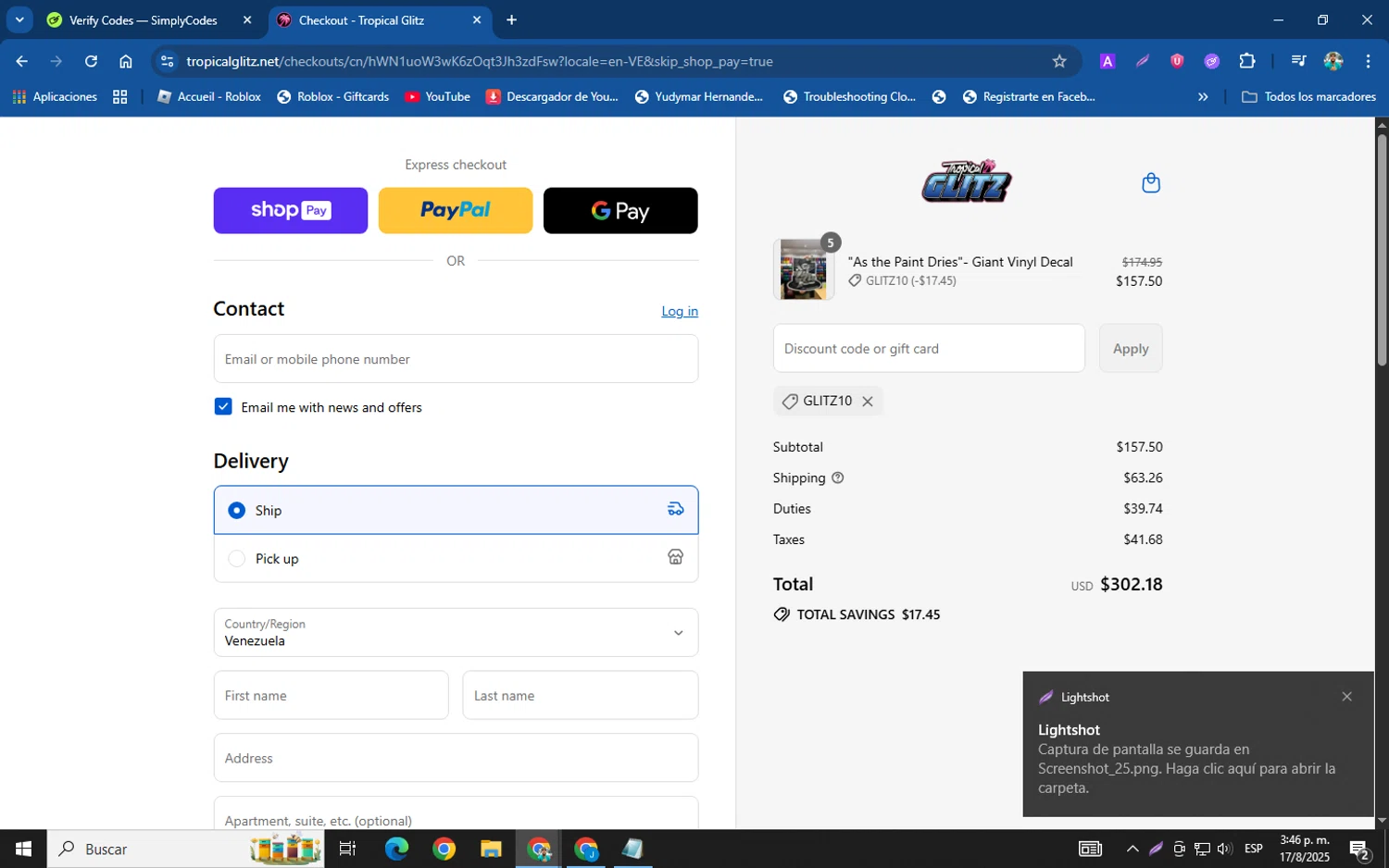 Tropical Glitz discount code screenshot showing code GLITZ10 applied at Tropical Glitz checkout page. Uploaded by SimplyCodes community member helicoide on Aug 17, 2025