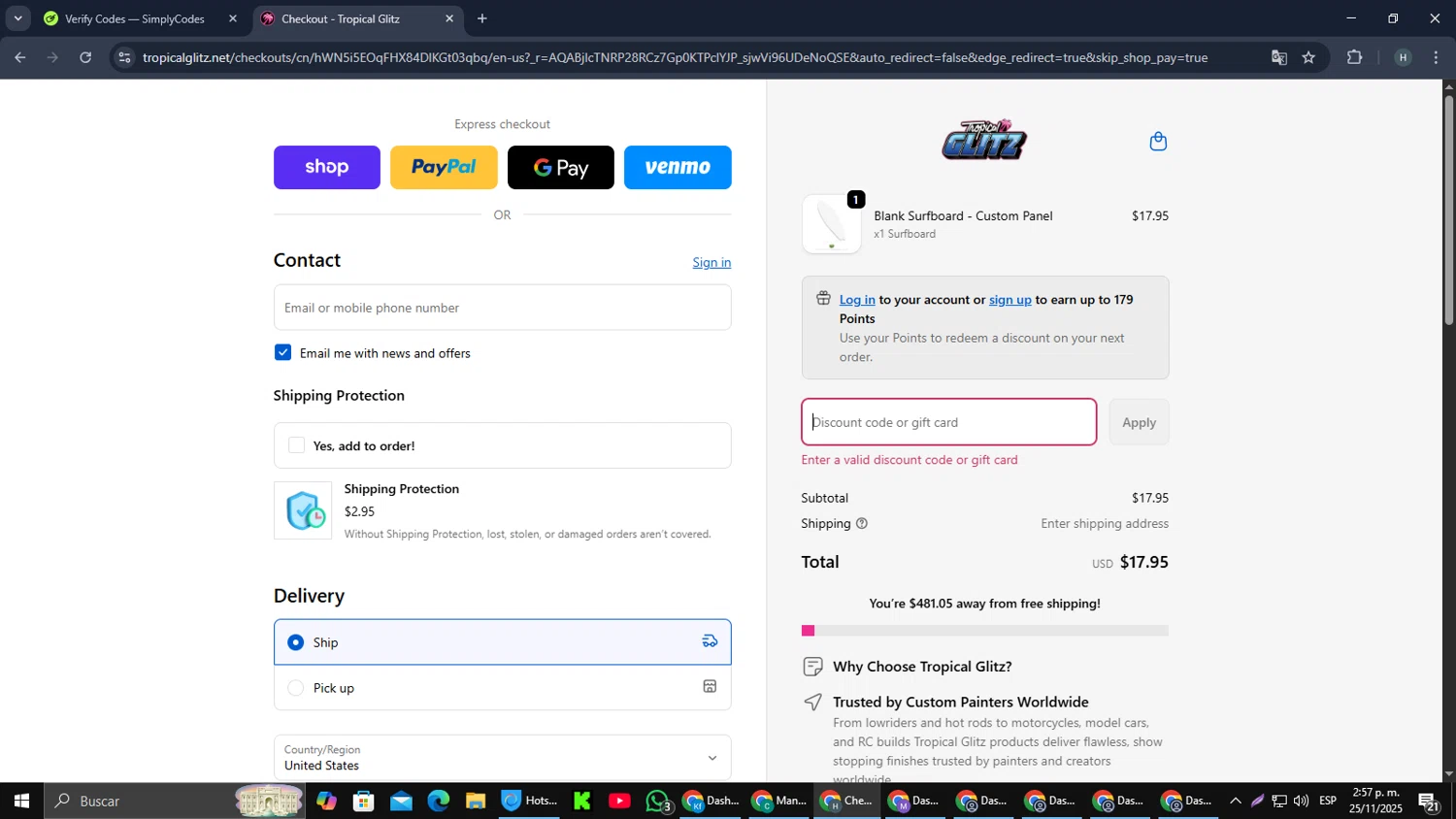 Tropical Glitz discount code screenshot showing code GLITZ15 applied at Tropical Glitz checkout page. Uploaded by SimplyCodes community member PromoScout8746 on Nov 25, 2025